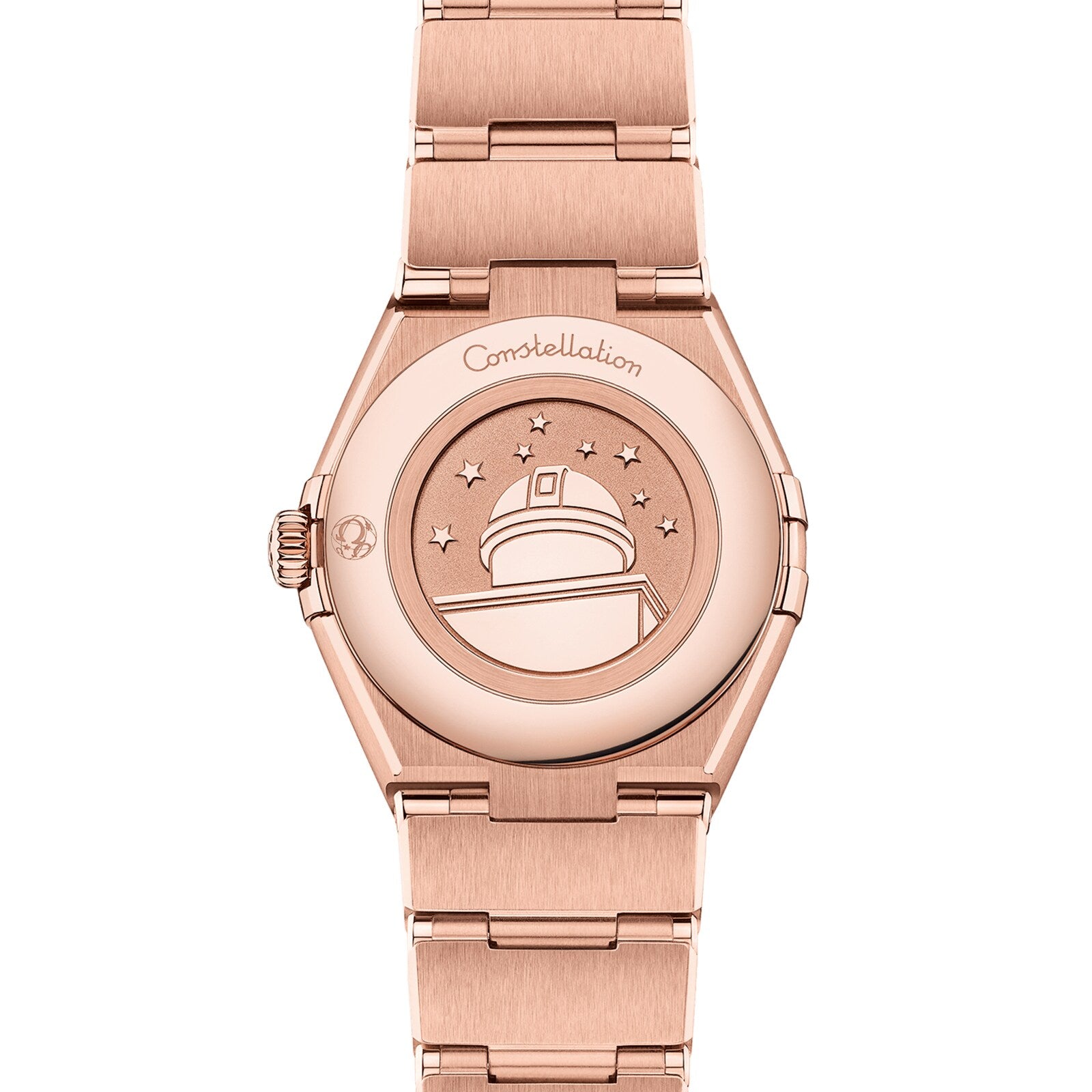 The OMEGA Constellation watch features a rose gold case with an engraved observatory dome, eight stars, Constellation, and is crafted in exquisite 18K Sedna™ gold.
