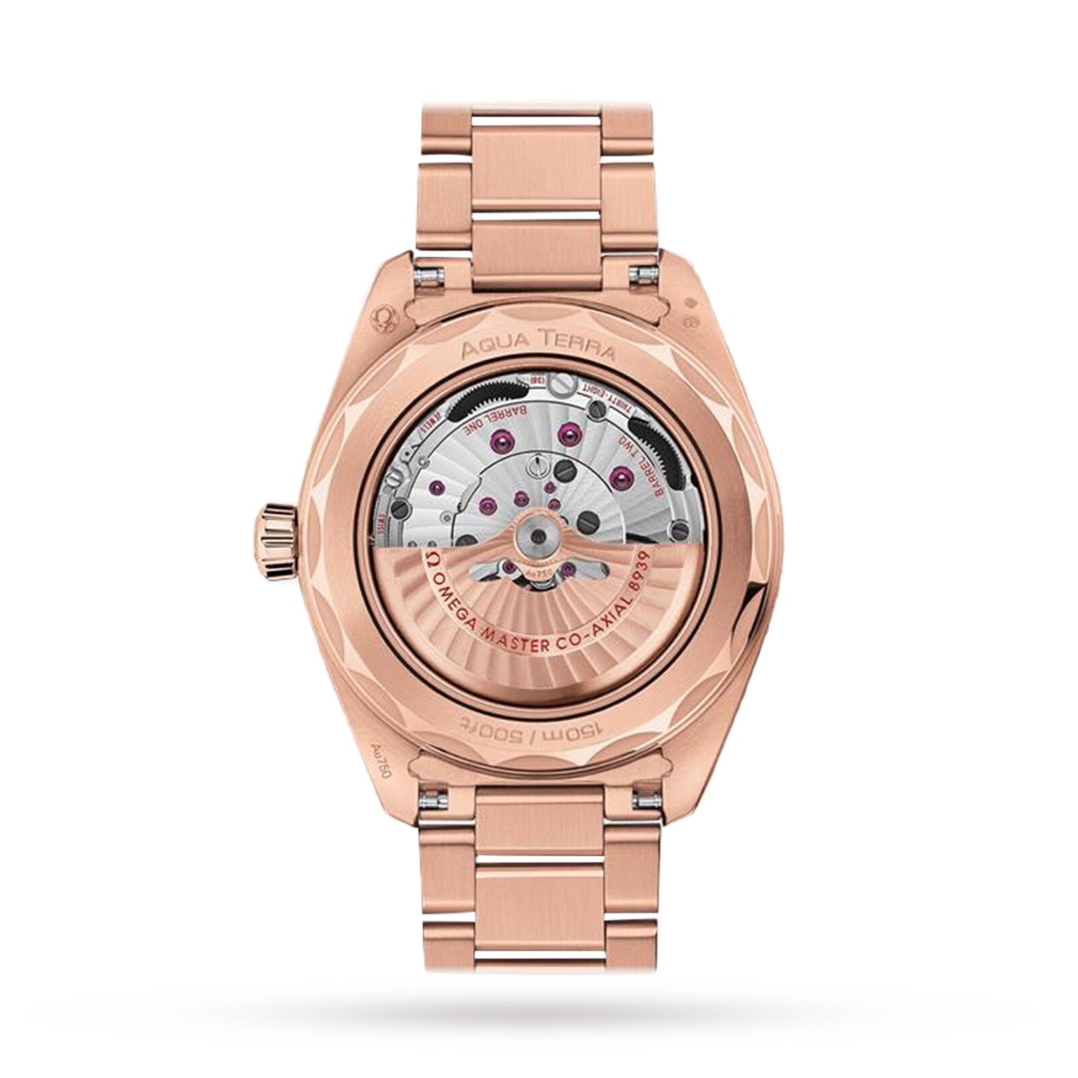 The back view of the OMEGA Seamaster Aqua Terra 150M in 18K Sedna gold reveals a transparent case showcasing its intricate Master Chronometer Calibre 8939 movement and engraved details.