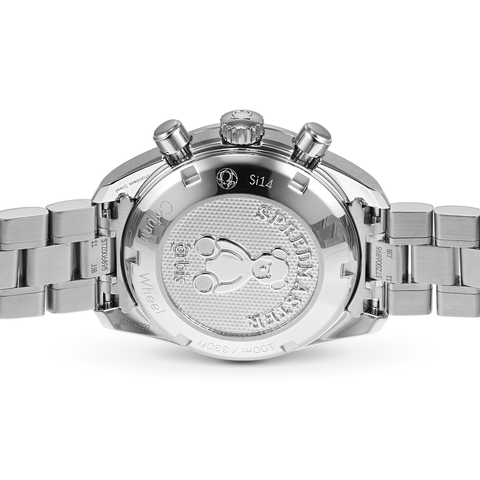 The image shows the stainless steel back of the OMEGA Speedmaster 38 Orbis Edition wristwatch, featuring engraved markings, a seahorse emblem, and a metal bracelet.