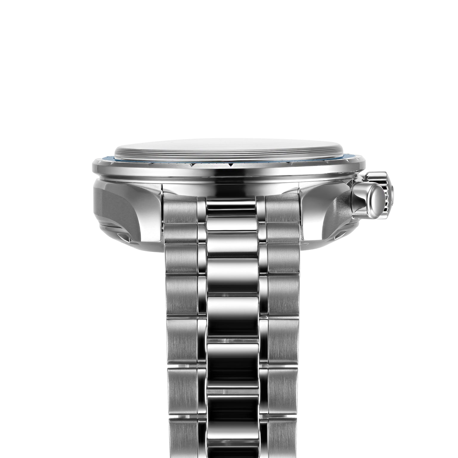 Side view of the OMEGA Speedmaster 38 Orbis Edition, featuring a stainless steel case and metal link bracelet, highlighting the chronograph crown and watch thickness against a white background.