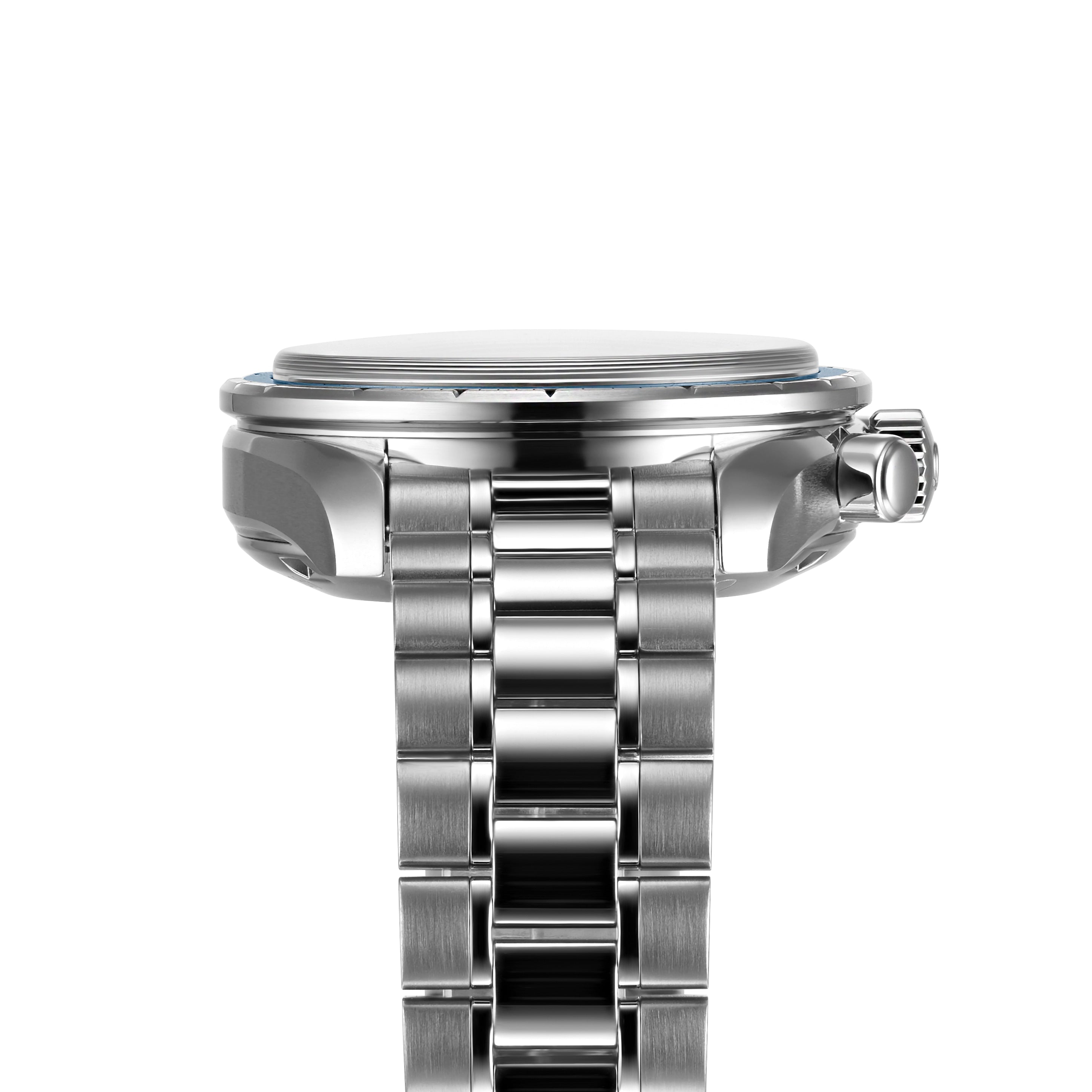 Side view of the OMEGA Speedmaster 38 Orbis Edition, featuring a stainless steel case and metal link bracelet, highlighting the chronograph crown and watch thickness against a white background.