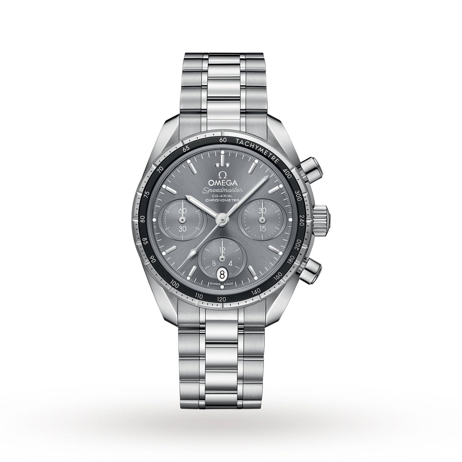 The OMEGA Speedmaster 38 is a stainless steel chronograph watch with a black dial, three subdials, 3330 calibre movement, date window at six o’clock, and a metal link bracelet.