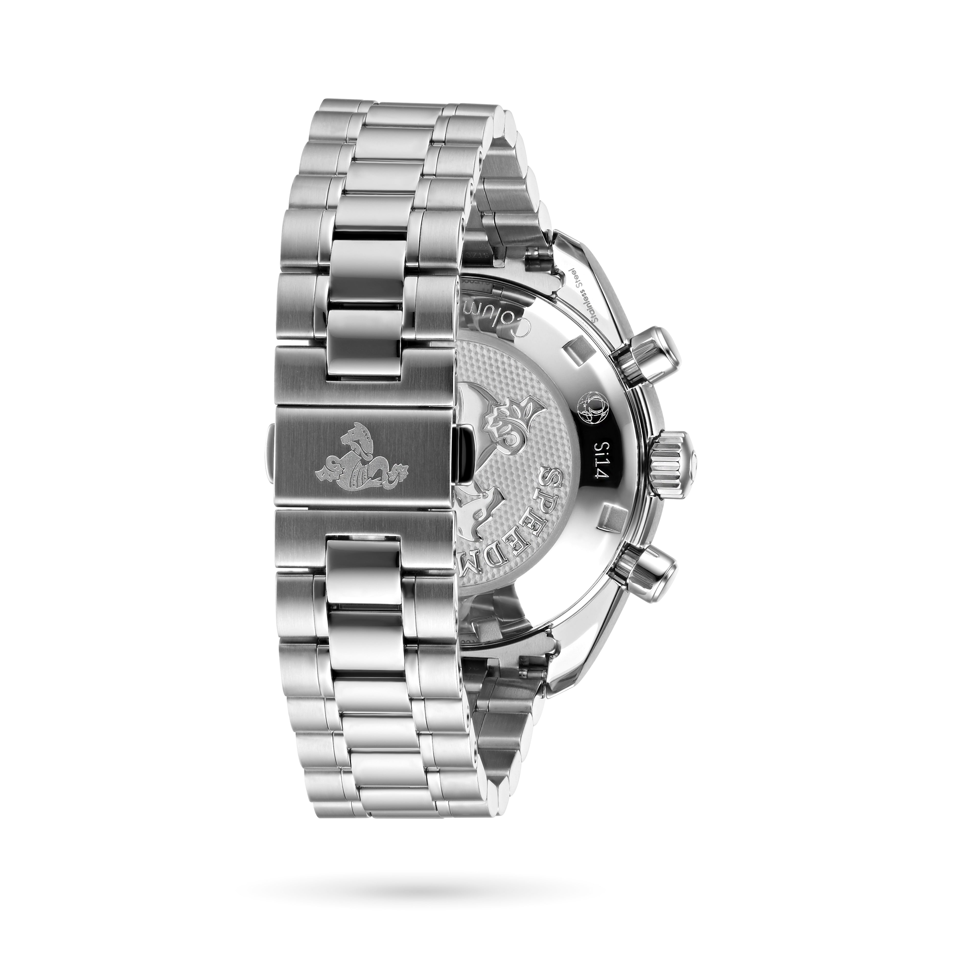 Stainless steel OMEGA Speedmaster 38 wristwatch with a link bracelet, engraved case back, and visible chronograph pushers, shown from the rear angle.