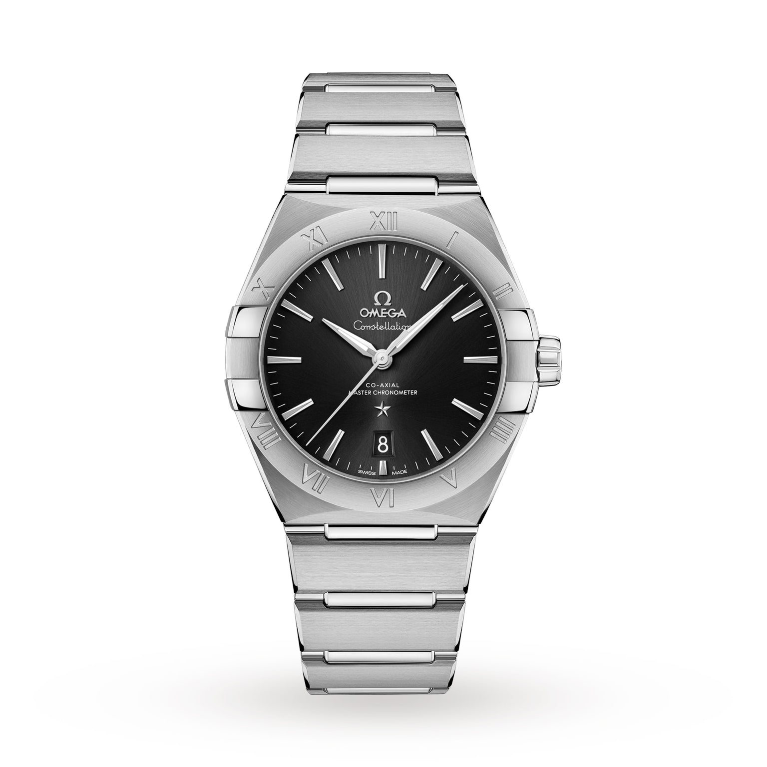 The OMEGA Constellation features a black dial, silver hour markers, Co-Axial Master Chronometer movement, date display at 6 o’clock, and a stainless steel brushed bracelet.