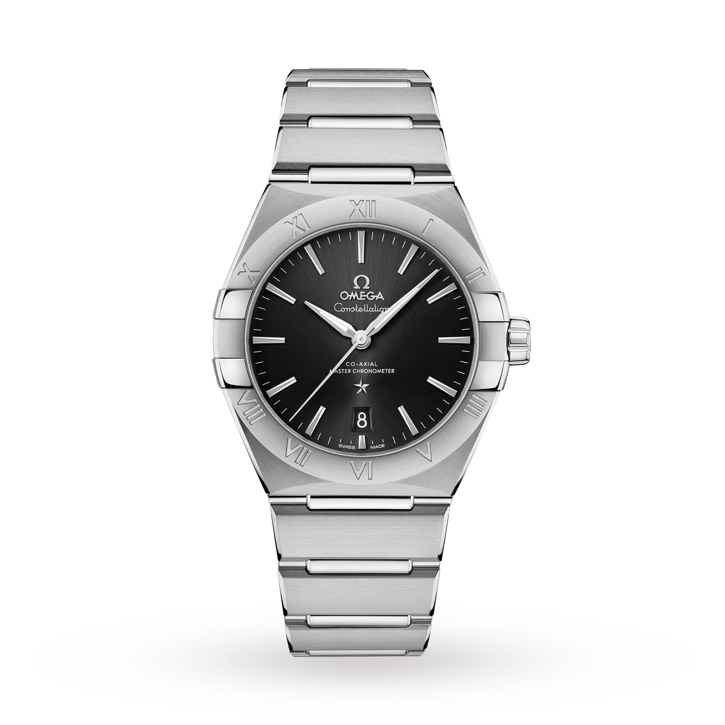 The OMEGA Constellation features a black dial, silver hour markers, Co-Axial Master Chronometer movement, date display at 6 o’clock, and a stainless steel brushed bracelet.
