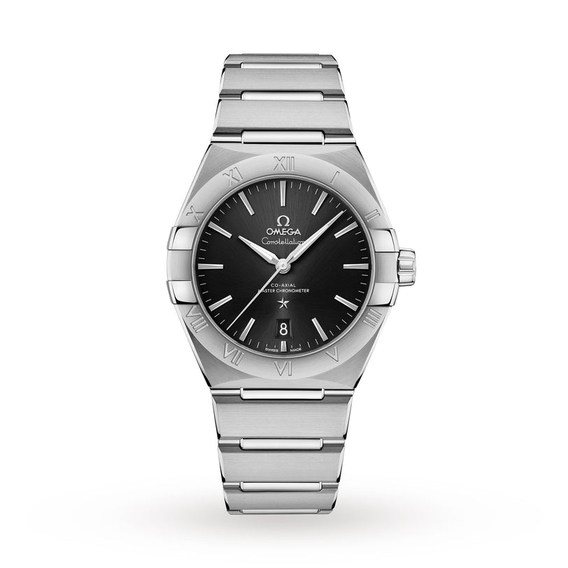 The OMEGA Constellation features a black dial, silver hour markers, Co-Axial Master Chronometer movement, date display at 6 o’clock, and a stainless steel brushed bracelet.