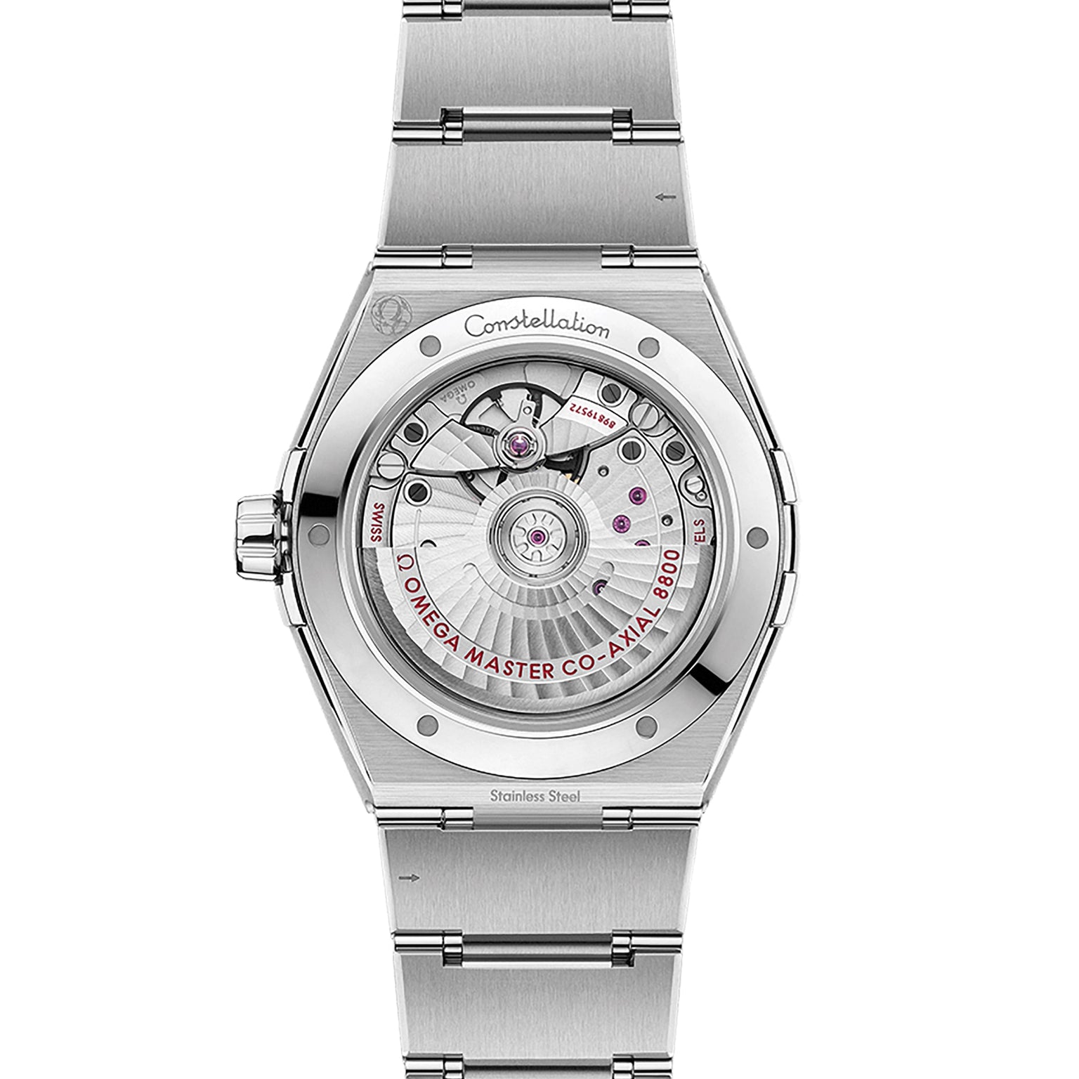 The back of the OMEGA Constellation showcases its exposed mechanical movement, engraved details, and the precision of a Co-Axial Master Chronometer on the stainless steel case and rotor.