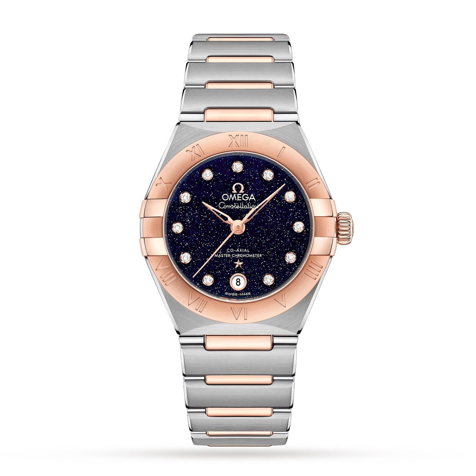 The OMEGA Constellation features a blue speckled dial, 18K Sedna™ gold bezel, diamond hour markers, date at 6 o’clock, and runs on the Co-Axial Master Chronometer Calibre 8700.