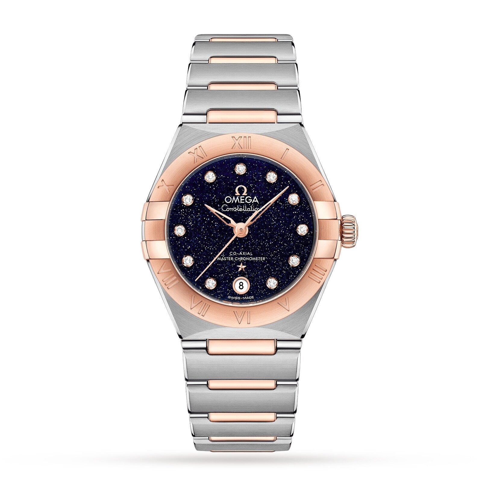 The OMEGA Constellation features a blue speckled dial, 18K Sedna™ gold bezel, diamond hour markers, date at 6 o’clock, and runs on the Co-Axial Master Chronometer Calibre 8700.