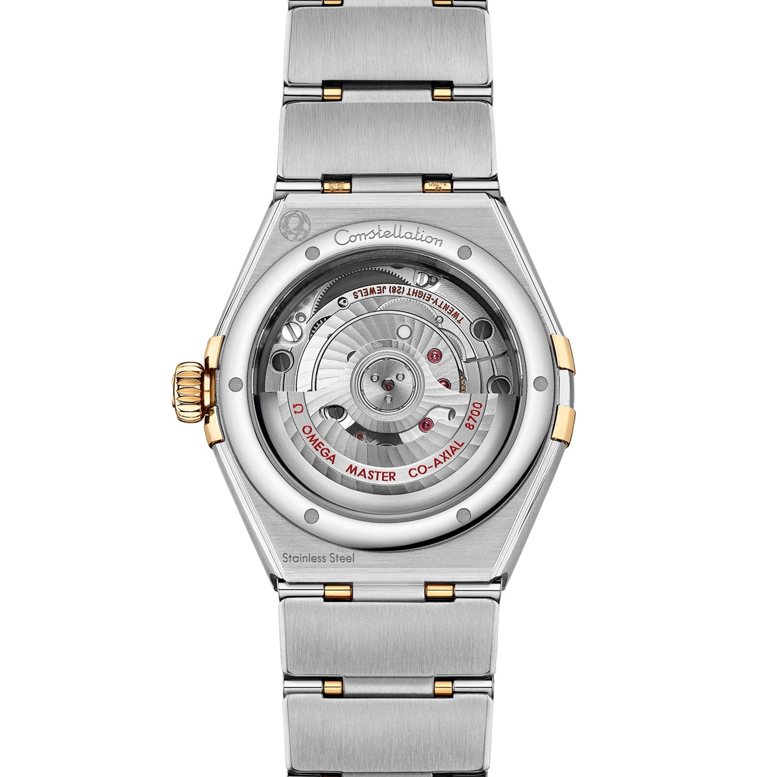Back view of the OMEGA Constellation watch featuring a stainless steel and 18K Sedna™ gold bracelet, plus the Co-Axial Master Chronometer Calibre 8700 seen through its transparent case back.
