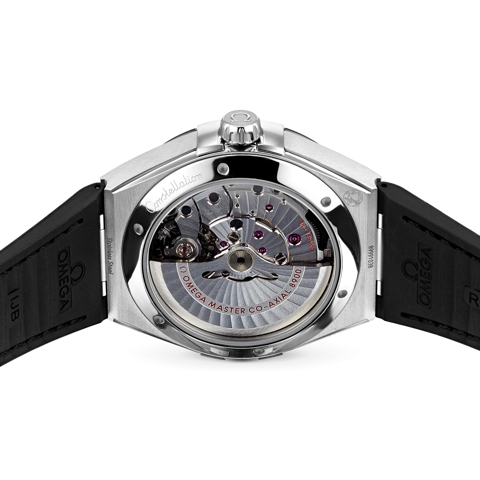 Back view of the OMEGA Constellation wristwatch, featuring a transparent case back that reveals the Master Chronometer-certified 8900 Calibre Movement with intricate engravings.