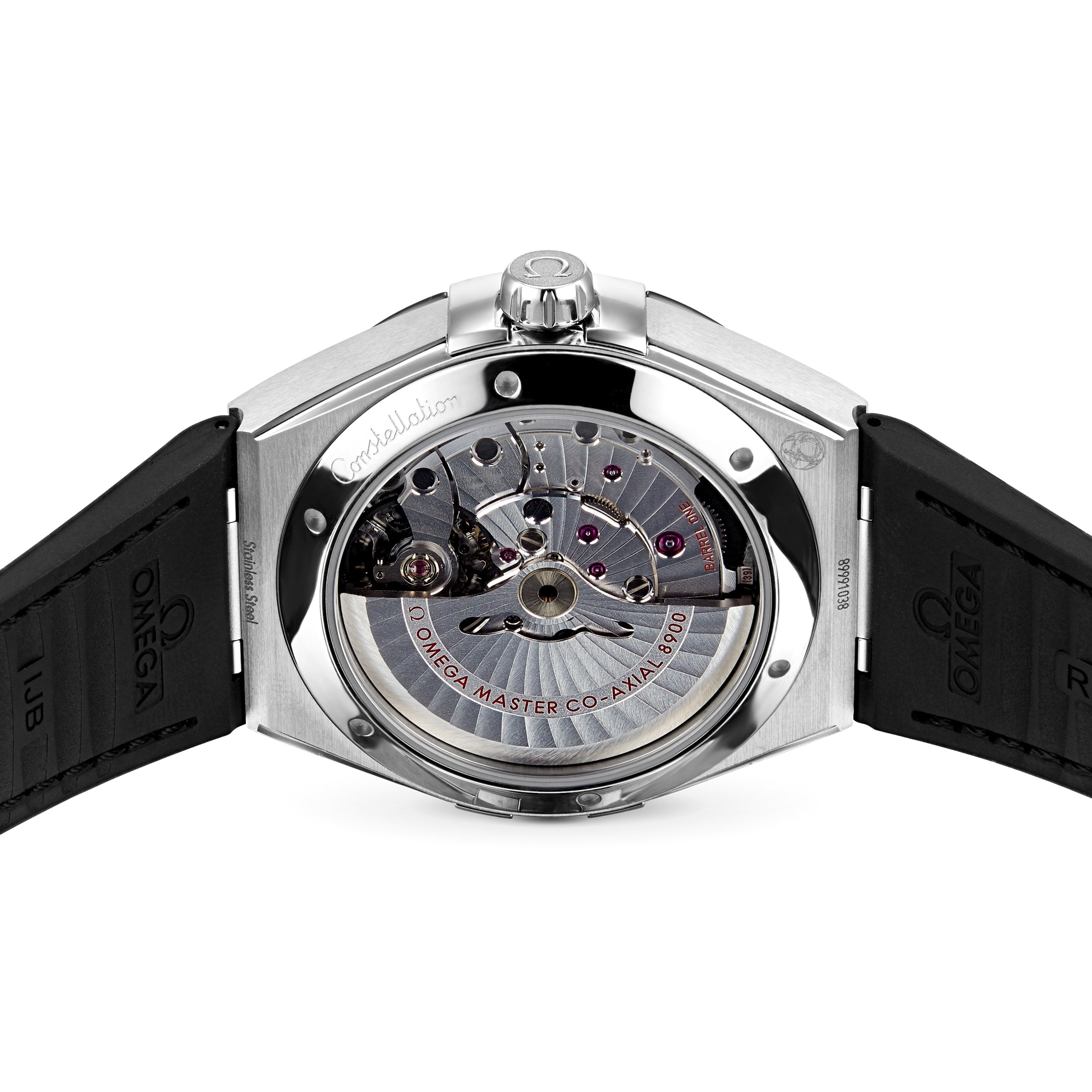 Back view of the OMEGA Constellation wristwatch, featuring a transparent case back that reveals the Master Chronometer-certified 8900 Calibre Movement with intricate engravings.