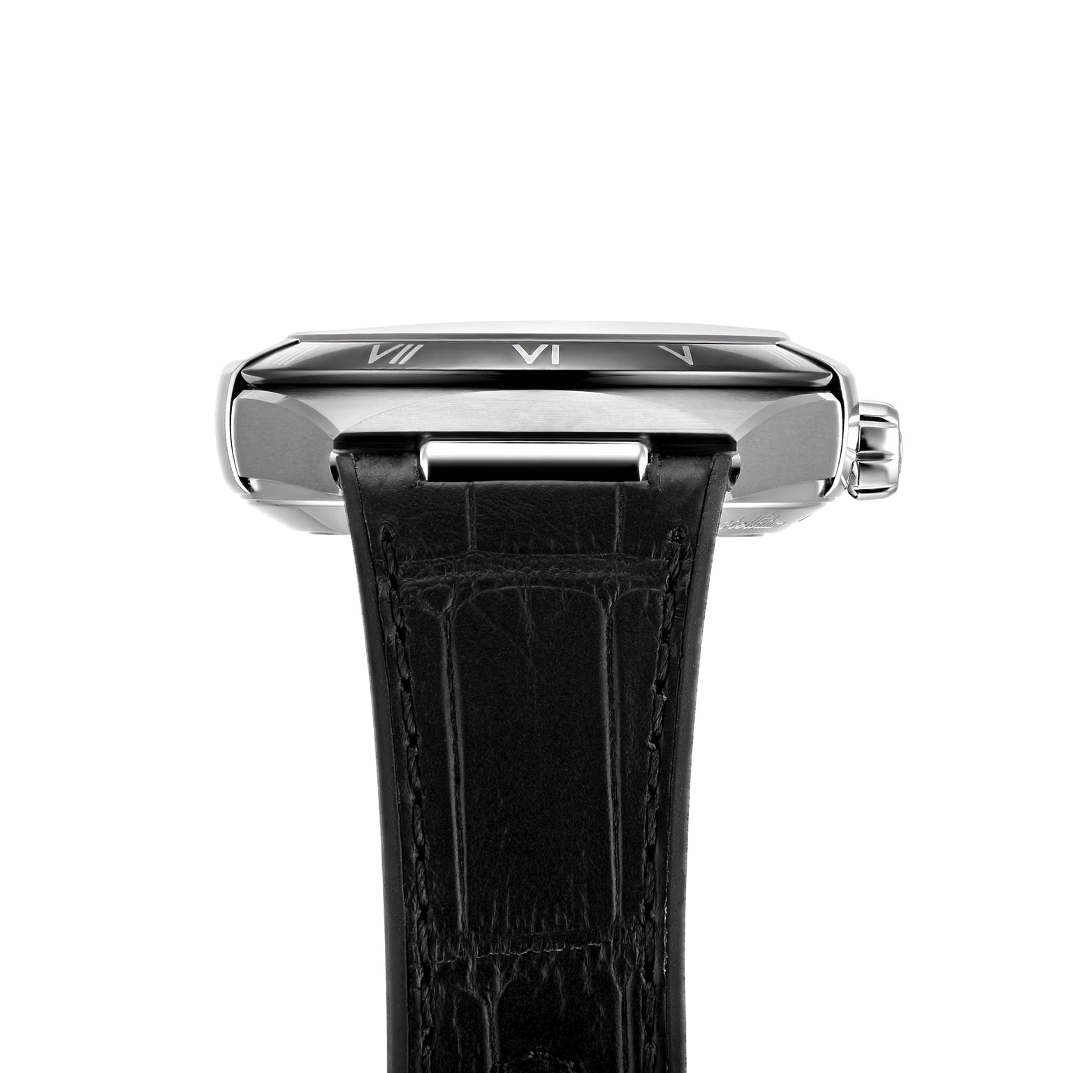 Side view of an OMEGA Constellation wristwatch in silver with a black leather strap, Roman numeral hour markers on the watch face, and the renowned 8900 Calibre Movement.