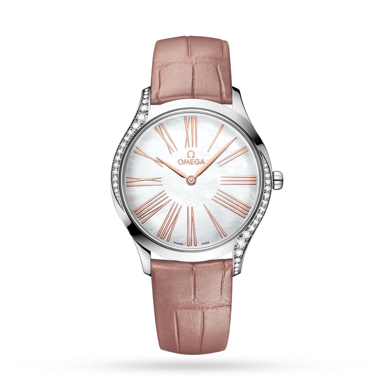 The OMEGA De Ville Trésor is a silver wristwatch with a pink leather strap, mother-of-pearl dial, diamond-paved bezel, white face, and rose gold Roman numerals and hands.