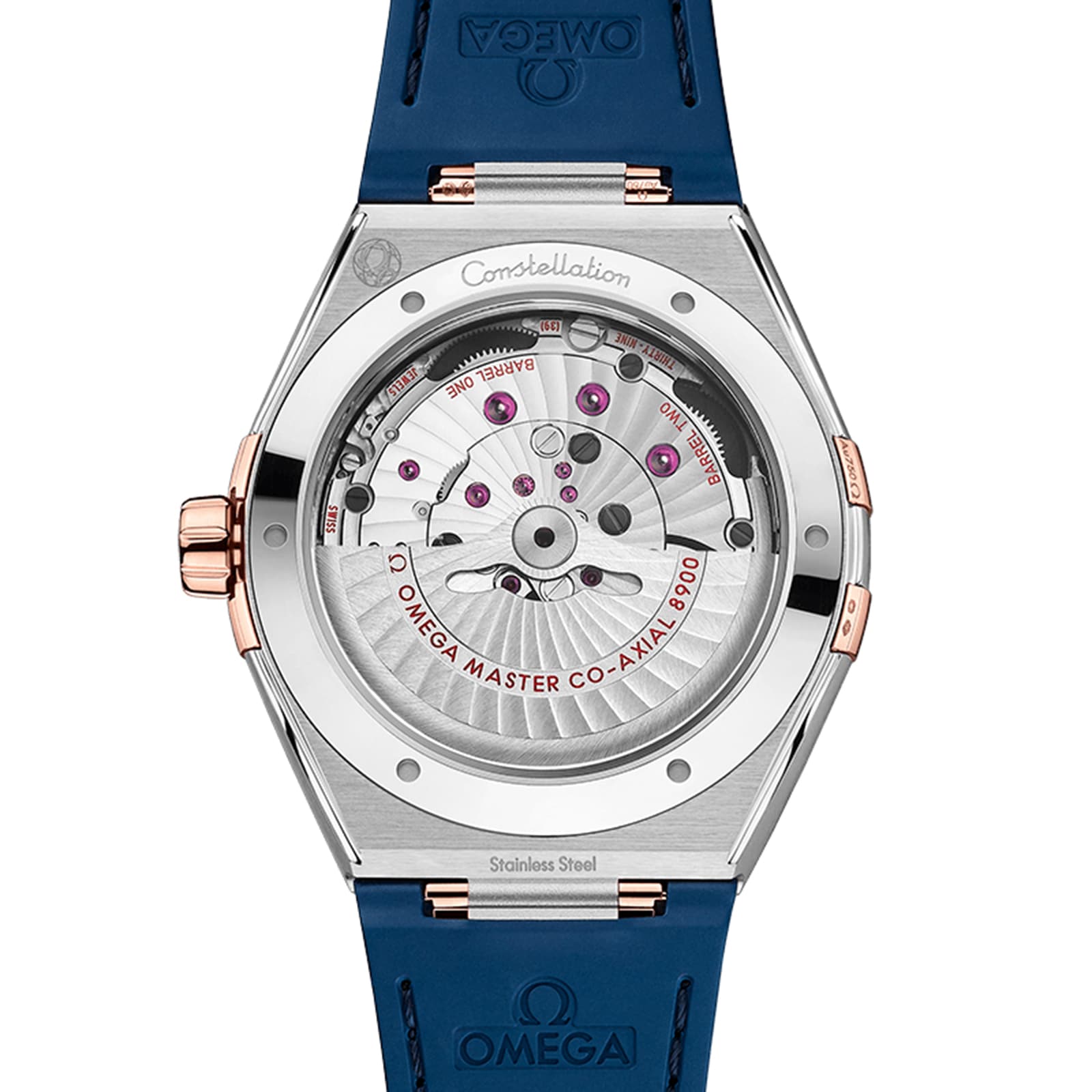 Back view of the OMEGA Constellation, highlighting its Master Chronometer 8900 calibre seen through a transparent caseback, finished with a blue strap and stainless steel case—an elegant tribute to the Constellation legacy.