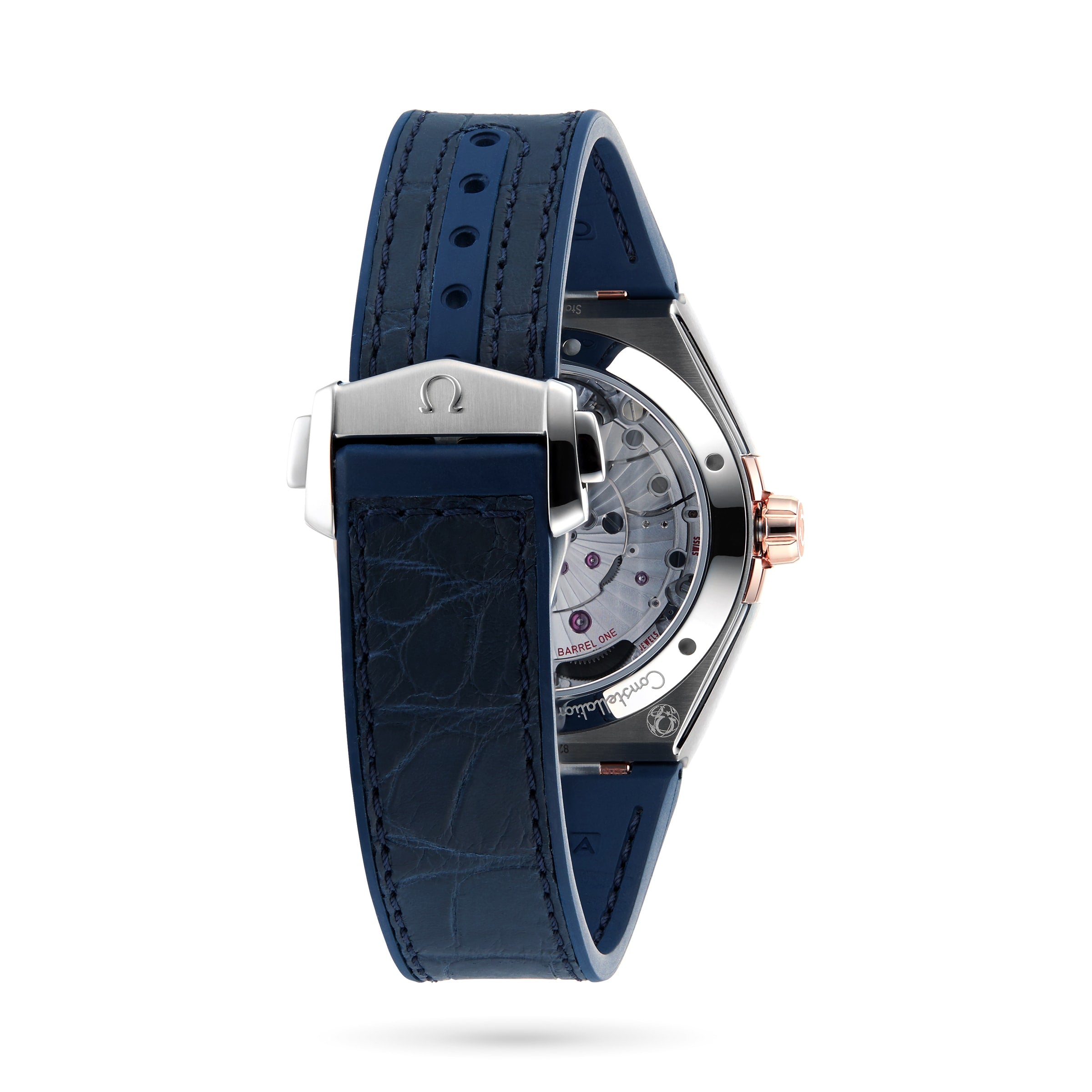 The back view of the OMEGA Constellation shows a blue leather strap, 8900 calibre movement, and Omega-branded clasp, reflecting the brand’s Master Chronometer certified precision.