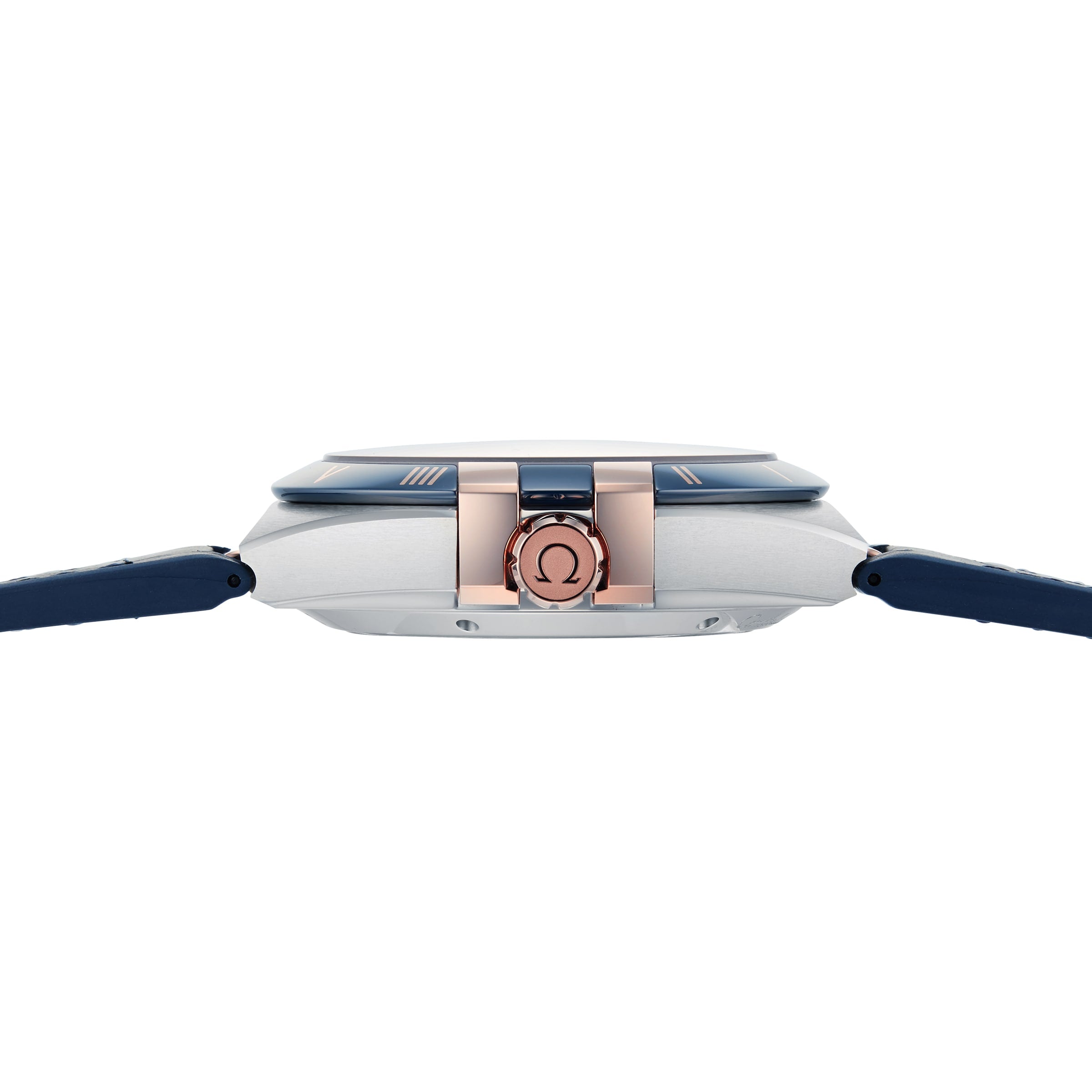 Side view of the OMEGA Constellation wristwatch with a blue strap, silver and rose gold case, Omega crown logo, highlighting its Master Chronometer certified 8900 calibre movement.