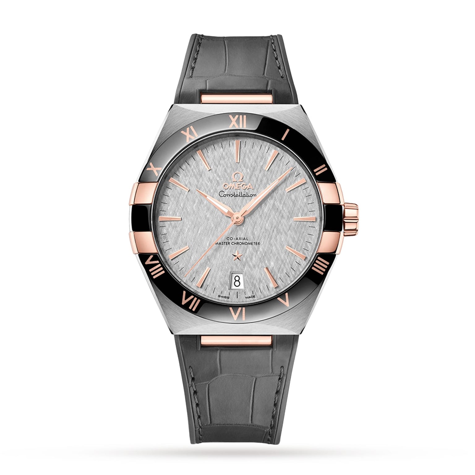 The OMEGA Constellation is a luxury wristwatch featuring a silver textured dial, rose gold accents, date at 6 o’clock, black bezel with Roman numerals, grey leather strap, and Master Chronometer-certified 8900 calibre movement.