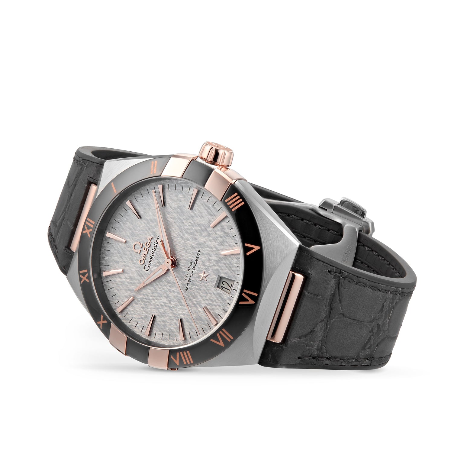 An OMEGA Constellation wristwatch with a textured silver dial, rose gold accents, black Roman numeral bezel, and black leather strap featuring the precise 8900 calibre movement. Displayed angled on a white background.