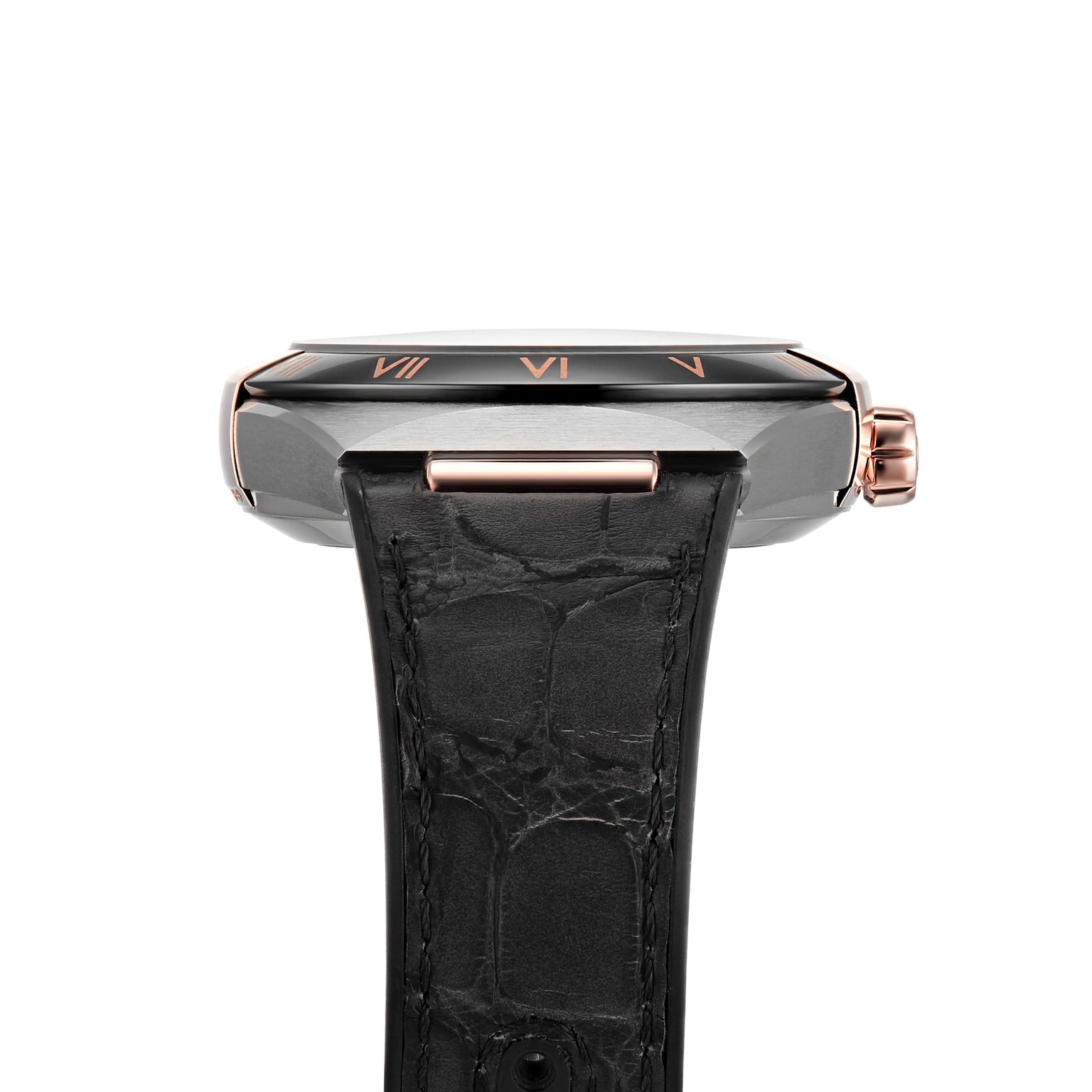 Side view of the OMEGA Constellation wristwatch featuring a black leather strap, rose gold accents, Roman numeral dial, and powered by the precise 8900 calibre movement.