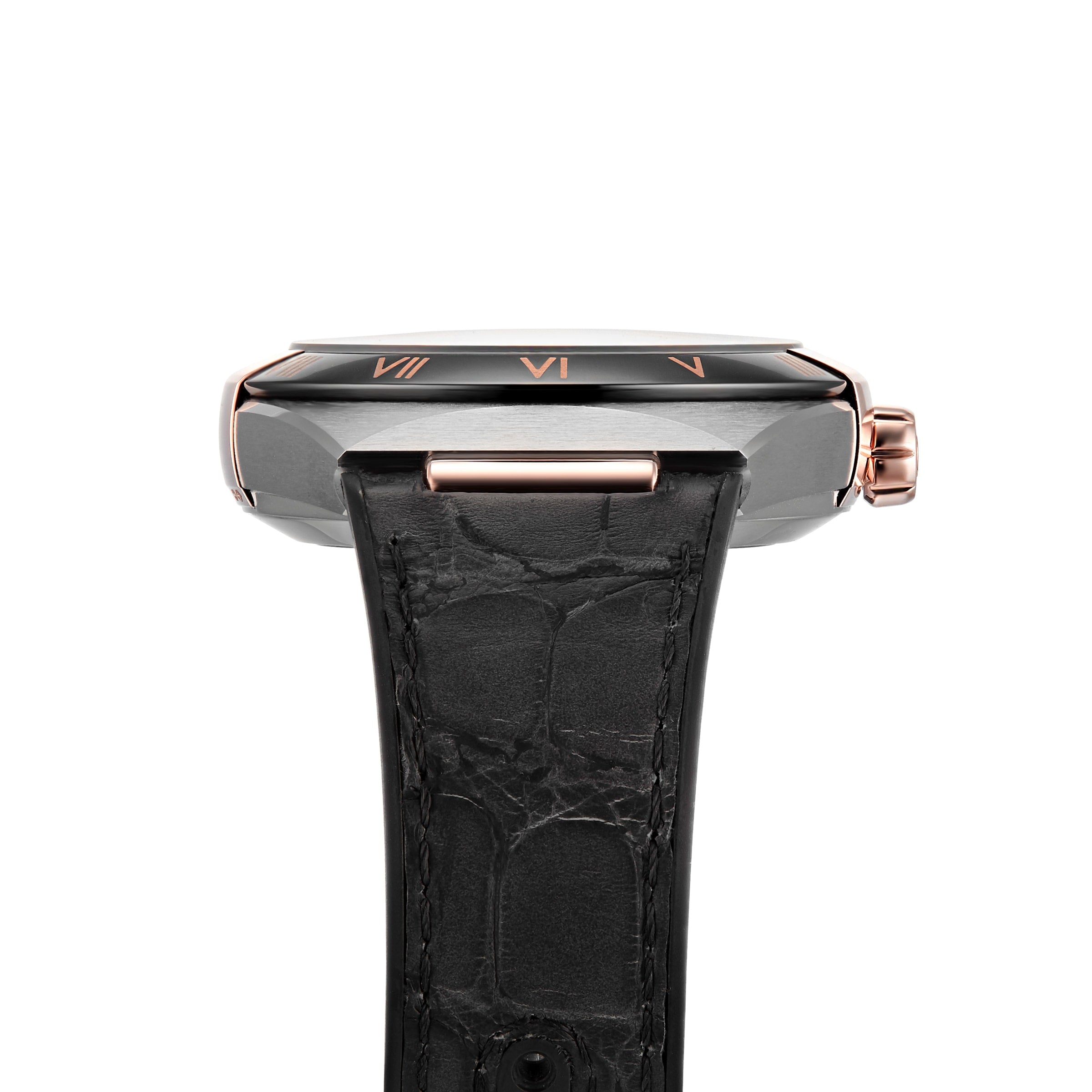 Side view of the OMEGA Constellation wristwatch featuring a black leather strap, rose gold accents, Roman numeral dial, and powered by the precise 8900 calibre movement.