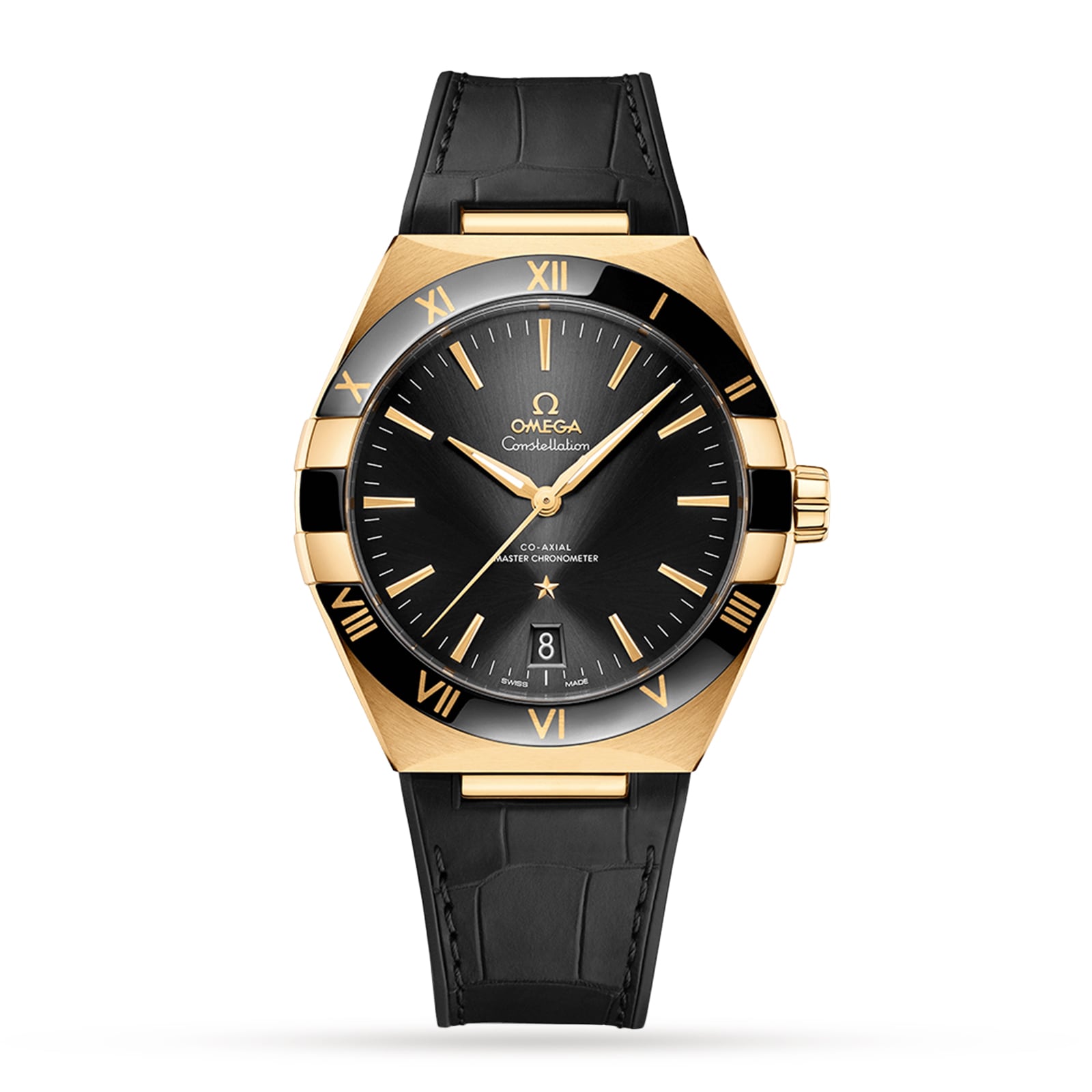 OMEGA Constellation watch featuring a black dial, gold case, Roman numeral bezel, date at 6 o’clock, and black leather strap, presented against a white background.