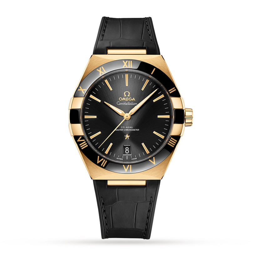 OMEGA Constellation watch featuring a black dial, gold case, Roman numeral bezel, date at 6 o’clock, and black leather strap, presented against a white background.