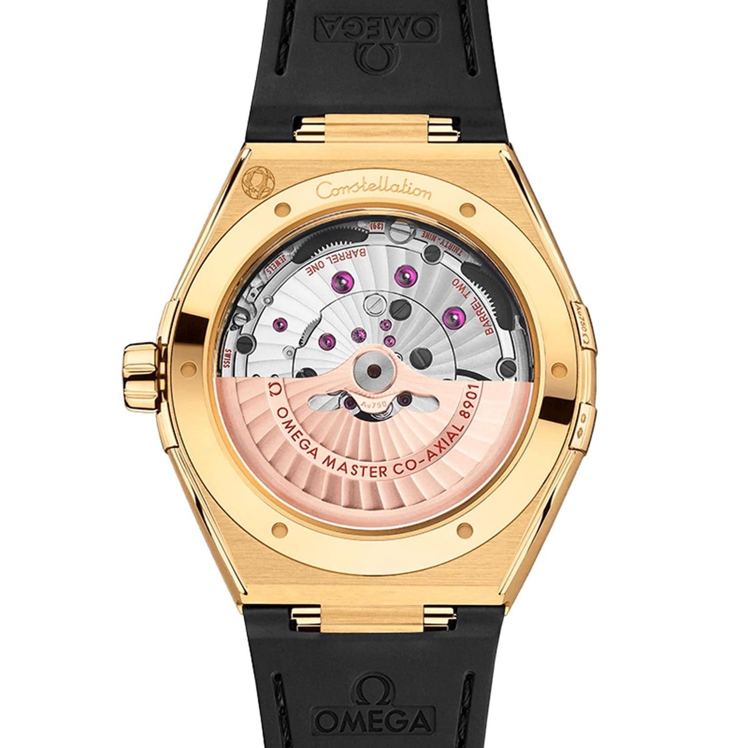 Close-up of the OMEGA Constellation’s back, showcasing its gold case, black strap, and visible Master Chronometer 8901 calibre movement through a transparent case back—a nod to Constellation heritage.