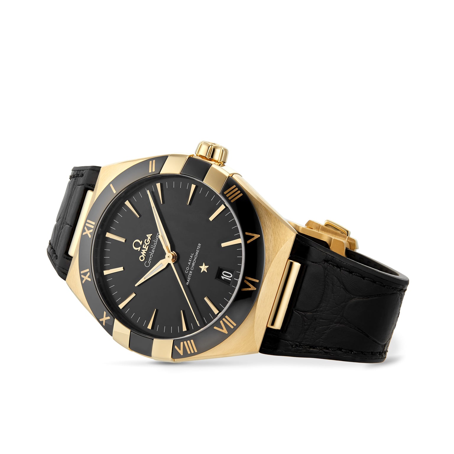 The OMEGA Constellation wristwatch features a black and gold design, Roman numerals, date window, black leather strap, iconic heritage styling, and is powered by the 8901 calibre movement.