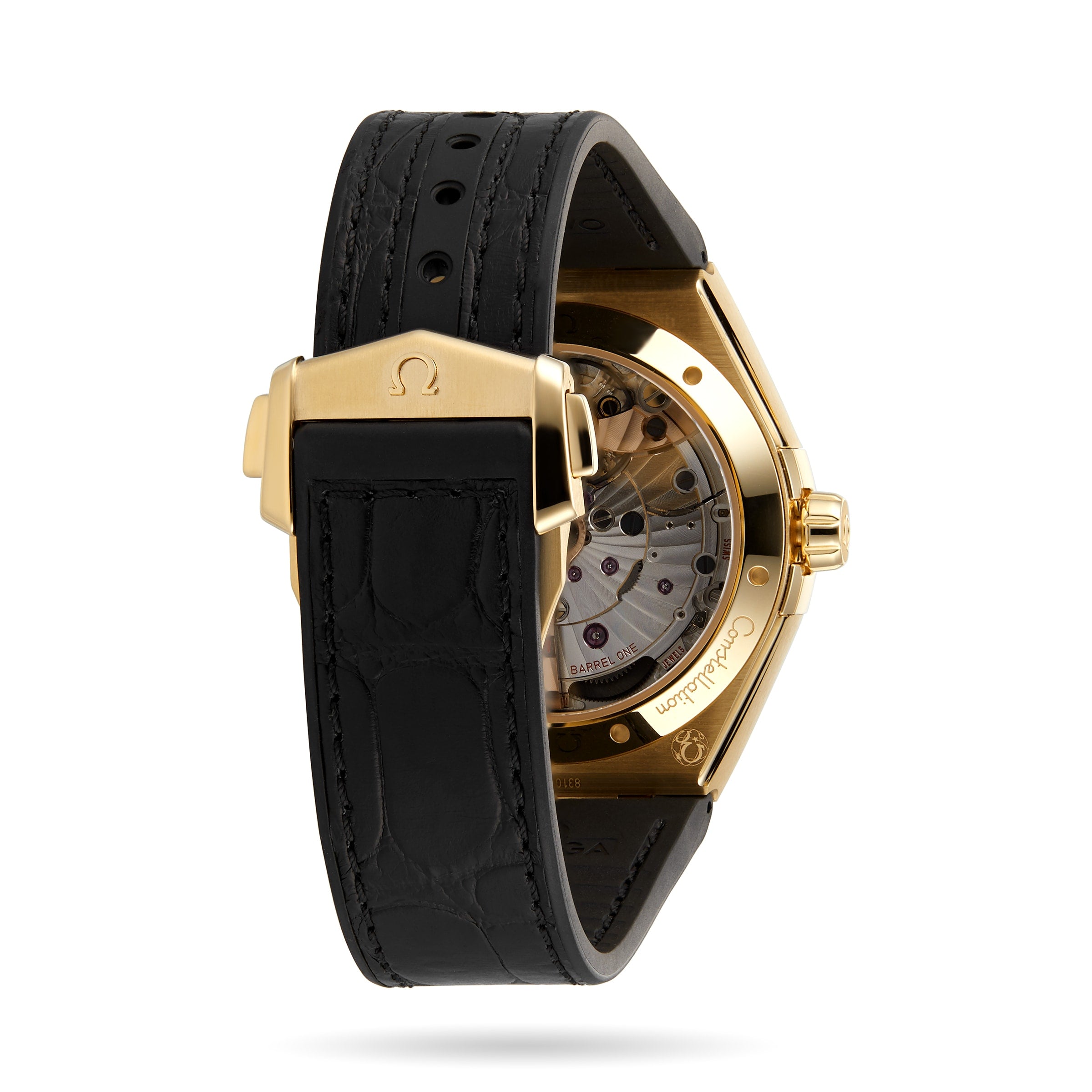 The OMEGA Constellation is shown from the back, featuring a transparent case back, black leather strap with gold clasp, and revealing its 8901 calibre movement, emphasizing its iconic heritage.