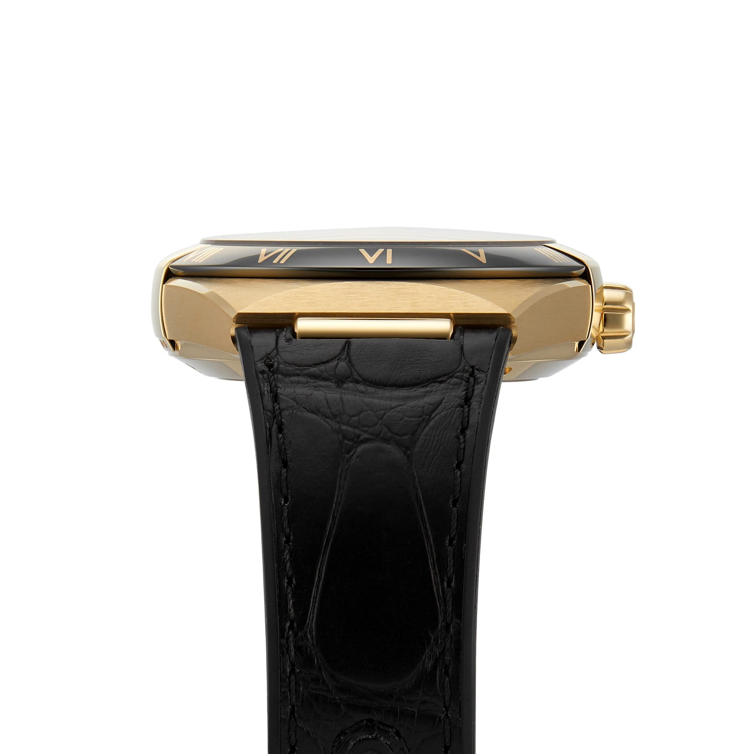 Side view of the OMEGA Constellation gold wristwatch with a black leather strap, Roman numerals on the edge, and featuring its Master Chronometer certified 8901 calibre movement.