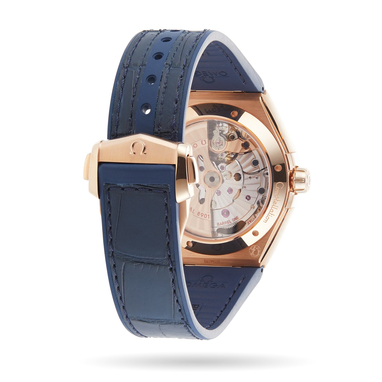 Back view of the OMEGA Constellation, featuring a blue leather strap, Sedna™ gold buckle, and a transparent case displaying the 8901 calibre movement’s intricate inner workings.