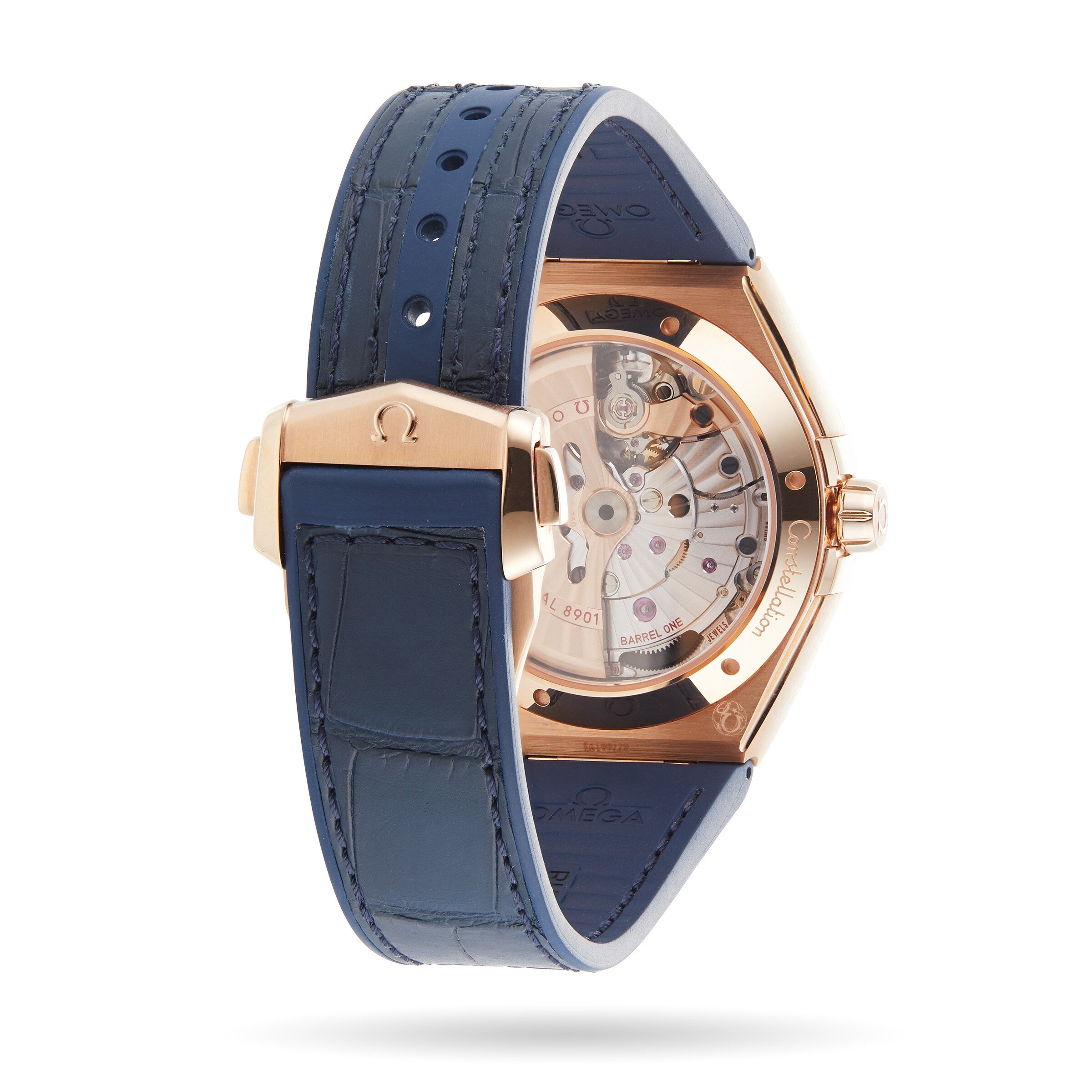 Back view of the OMEGA Constellation, featuring a blue leather strap, Sedna™ gold buckle, and a transparent case displaying the 8901 calibre movement’s intricate inner workings.