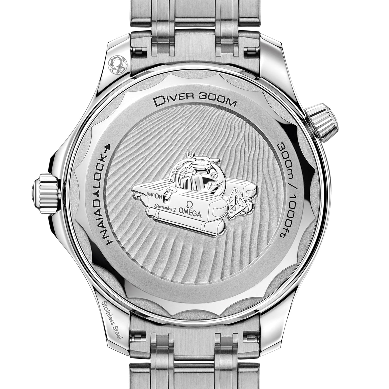 The image shows the back of the OMEGA Seamaster Diver 300M Nekton Edition, featuring a stainless steel case engraved with a submersible, wave pattern, and specifications Diver 300M and 300m/1000ft.
