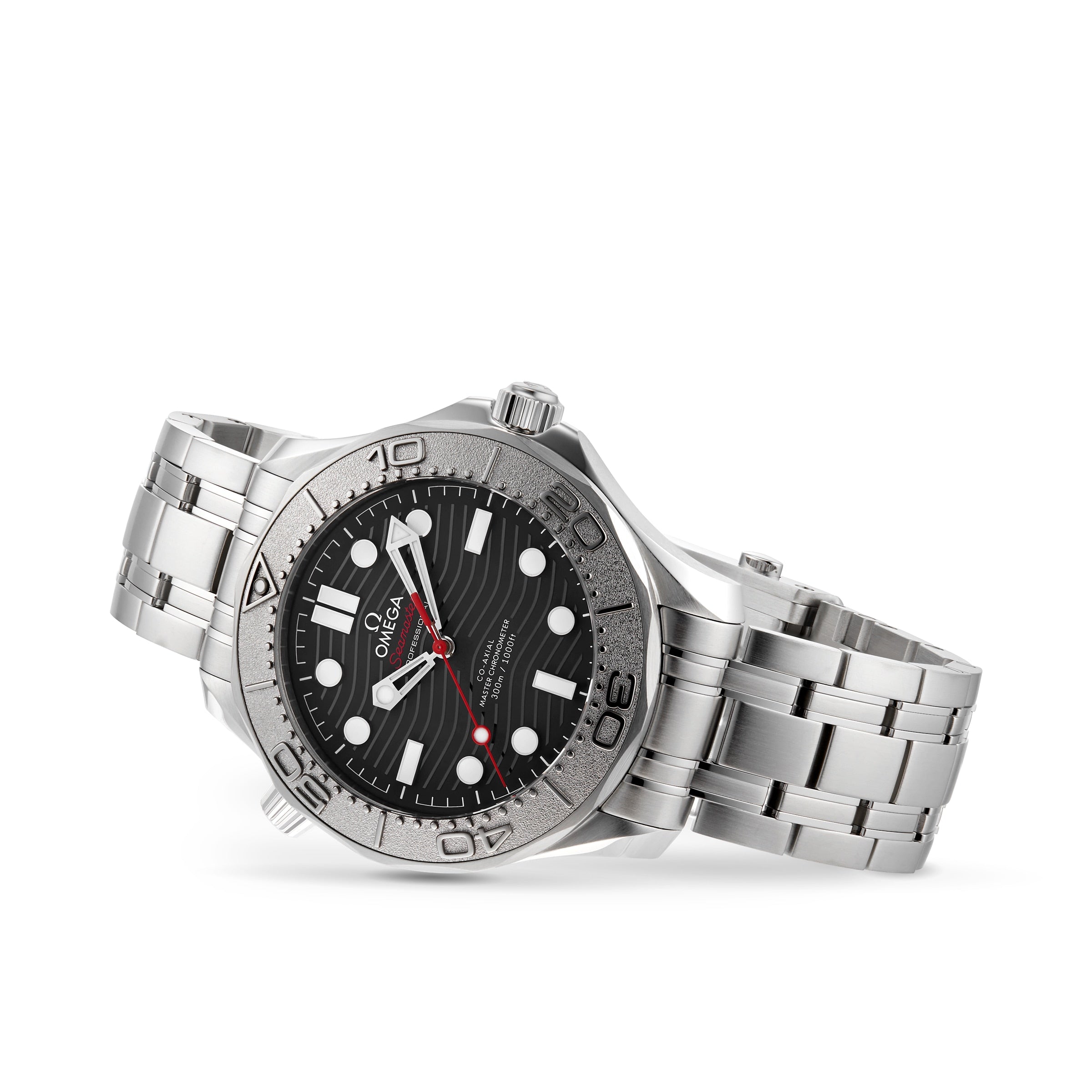 An OMEGA Seamaster Diver 300M Nekton Edition wristwatch with a black ceramic dial, white markers, and metal link bracelet is shown tilted at an angle on a white background.