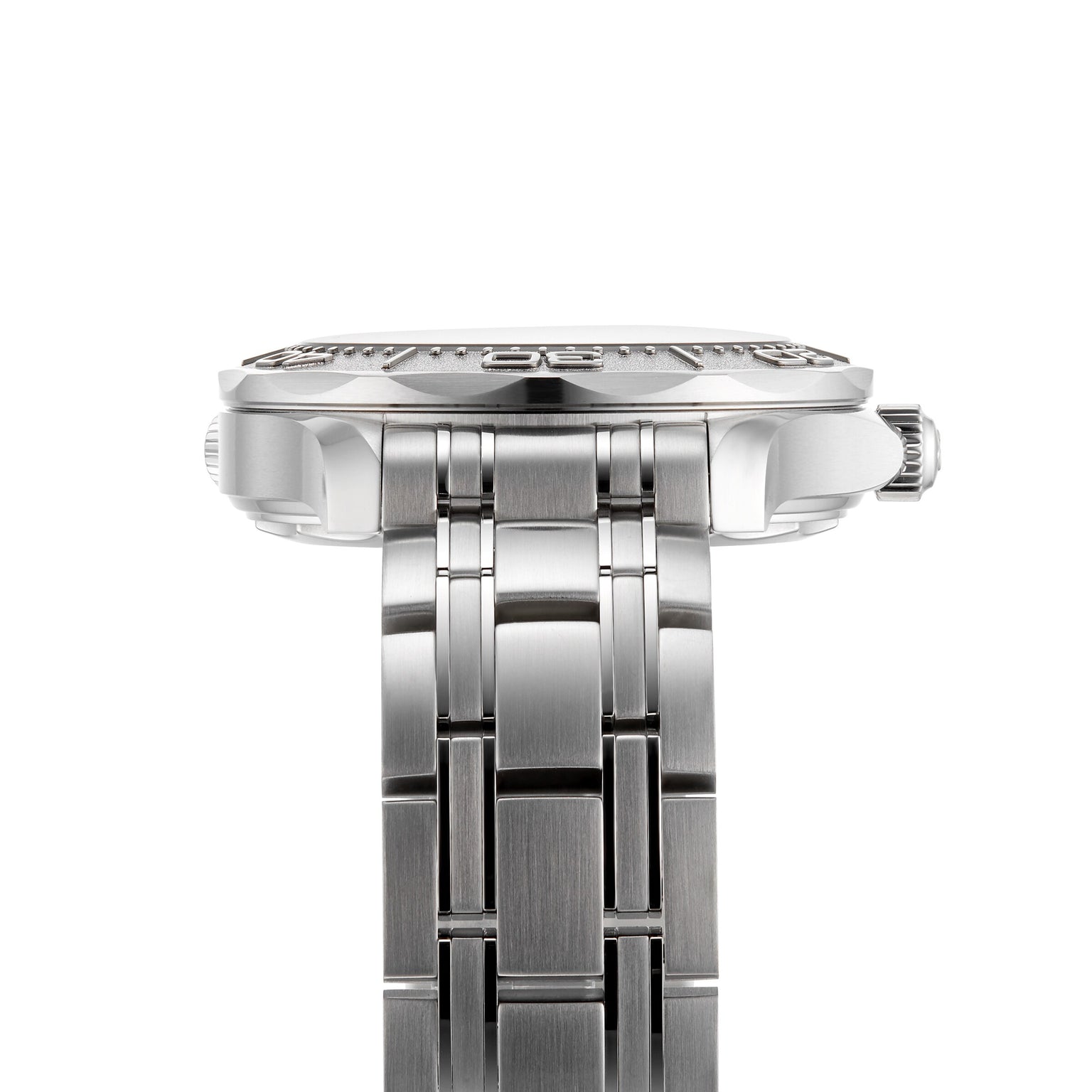 Side view of the OMEGA Seamaster Diver 300M Nekton Edition wristwatch, featuring a stainless steel case and metal bracelet, with focus on crown and case details against a white background.