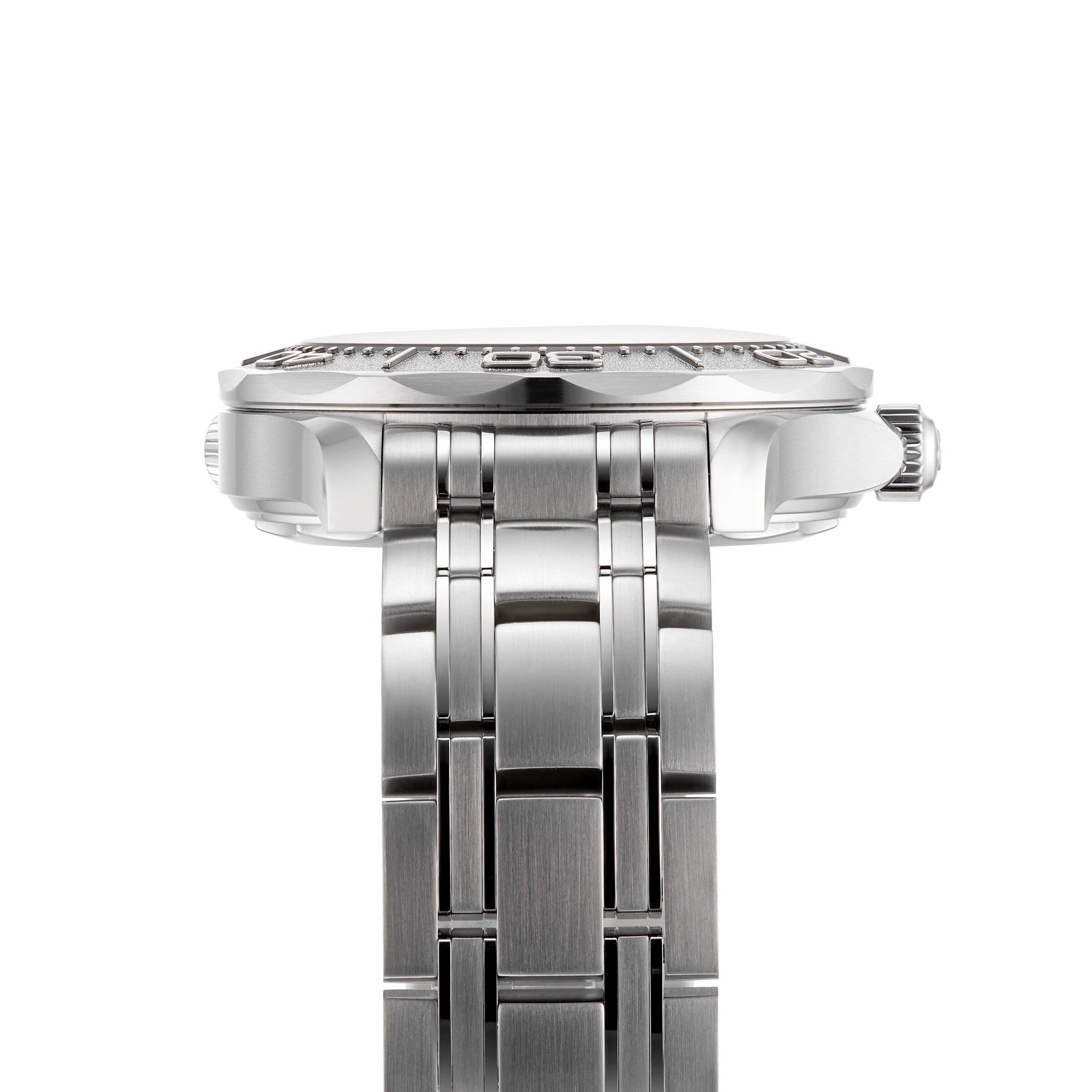 Side view of the OMEGA Seamaster Diver 300M Nekton Edition wristwatch, featuring a stainless steel case and metal bracelet, with focus on crown and case details against a white background.