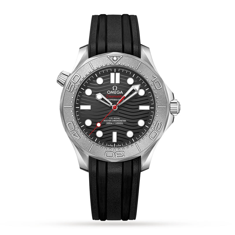 The OMEGA Seamaster Diver 300M Nekton Edition features a stainless steel case, black wave-pattern dial with white markers, red-tipped second hand, and a black rubber strap.
