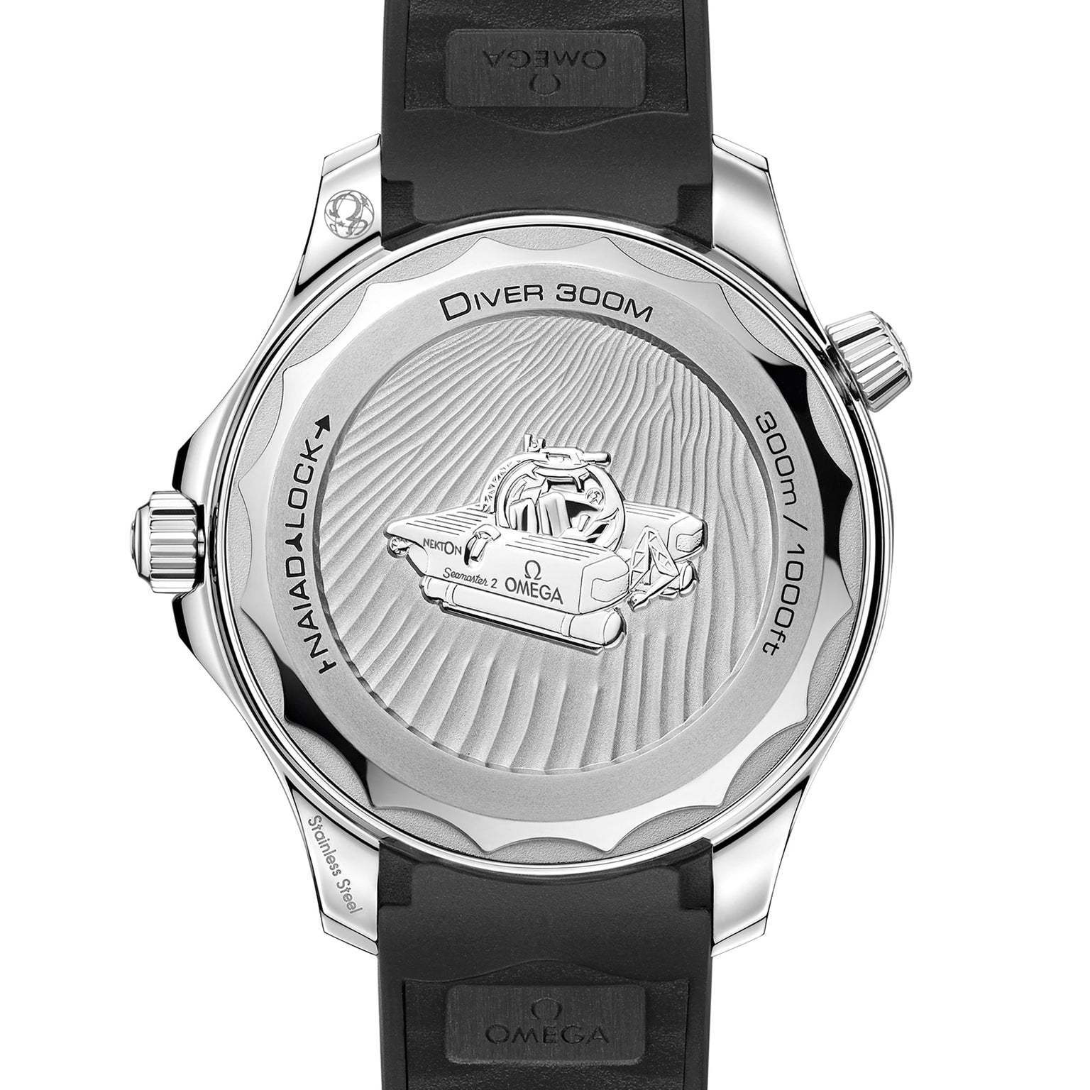 The back of the OMEGA Seamaster Diver 300M Nekton Edition, in stainless steel, features an engraved submersible design and model markings, complemented by a black strap.