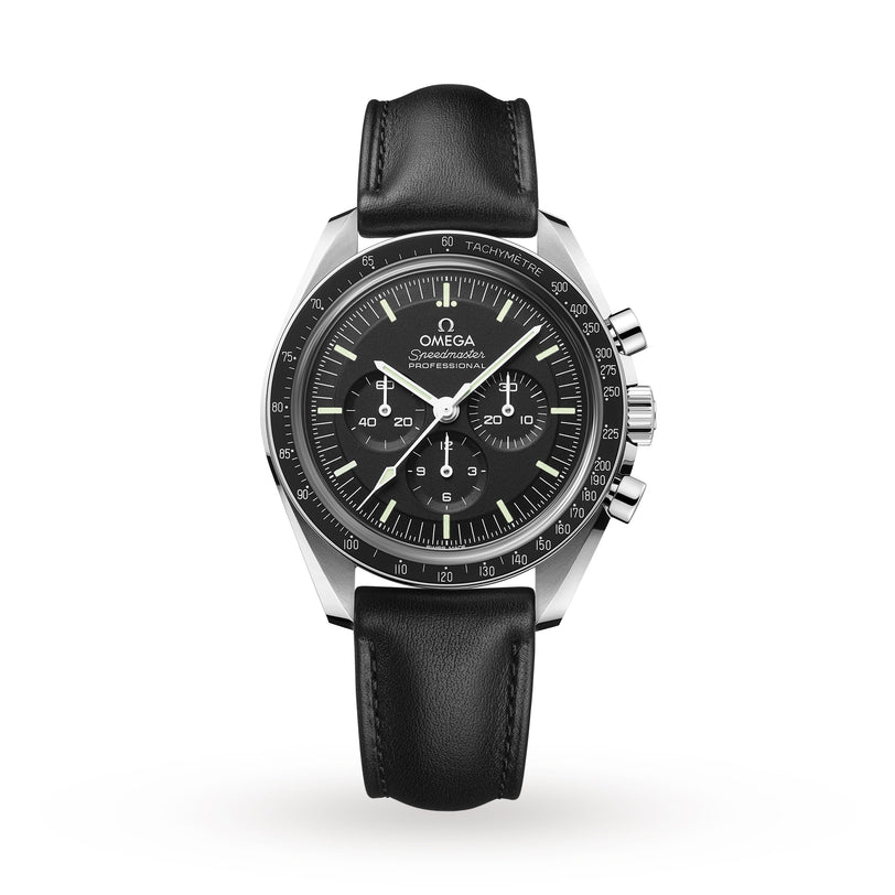 The OMEGA Speedmaster Moonwatch Professional is a black chronograph with a leather strap, black dial, white markers, three subdials, and the advanced 3861 calibre movement, shown on a white background.