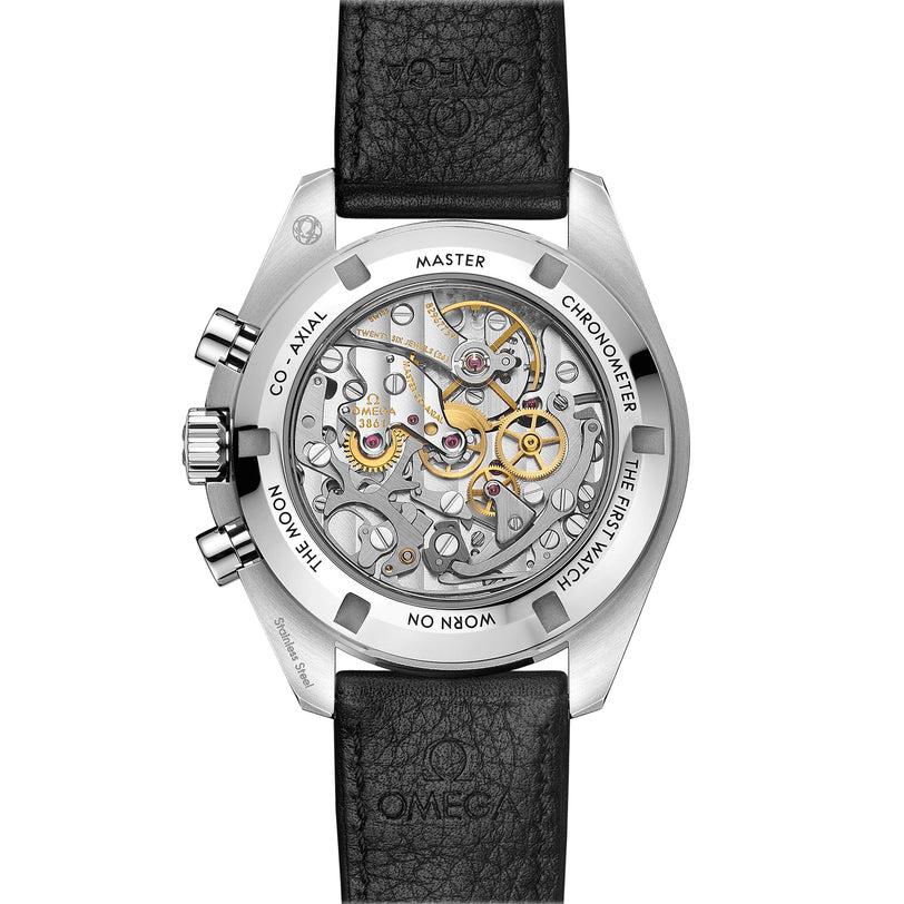 Back view of the OMEGA Speedmaster Moonwatch Professional highlighting its 3861 calibre through a transparent caseback, detailed with edge inscriptions and paired with a black leather strap.