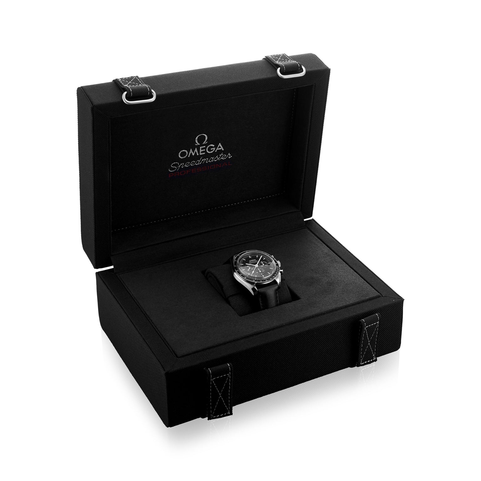 An OMEGA Speedmaster Moonwatch Professional wristwatch is shown in an open black presentation box with the OMEGA logo and “Speedmaster” on the inner lid, highlighting its exceptional 3861 calibre movement.