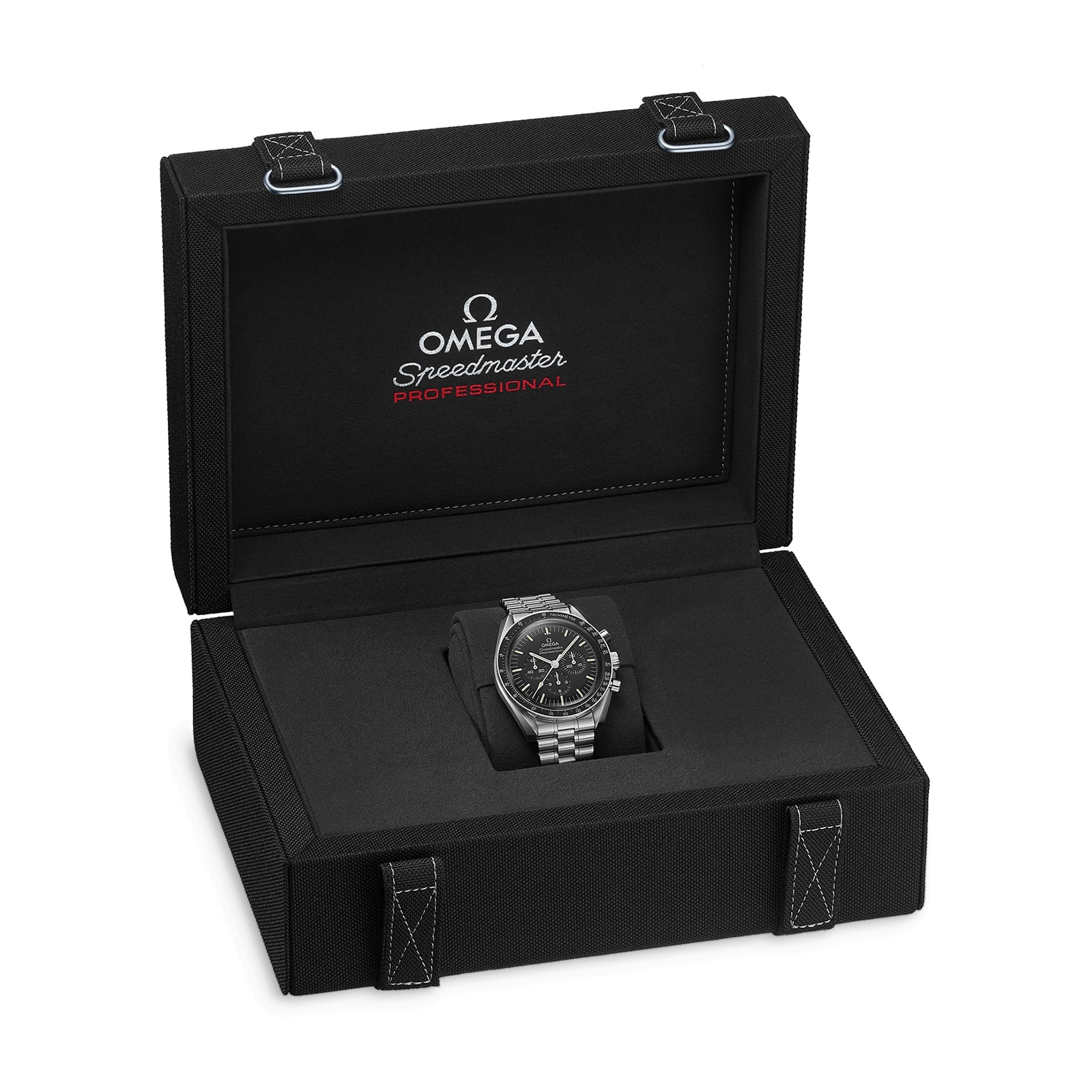 An OMEGA Speedmaster Moonwatch Professional, inspired by the 4th generation model, is displayed in an open black presentation box featuring the OMEGA logo on the inside lid.