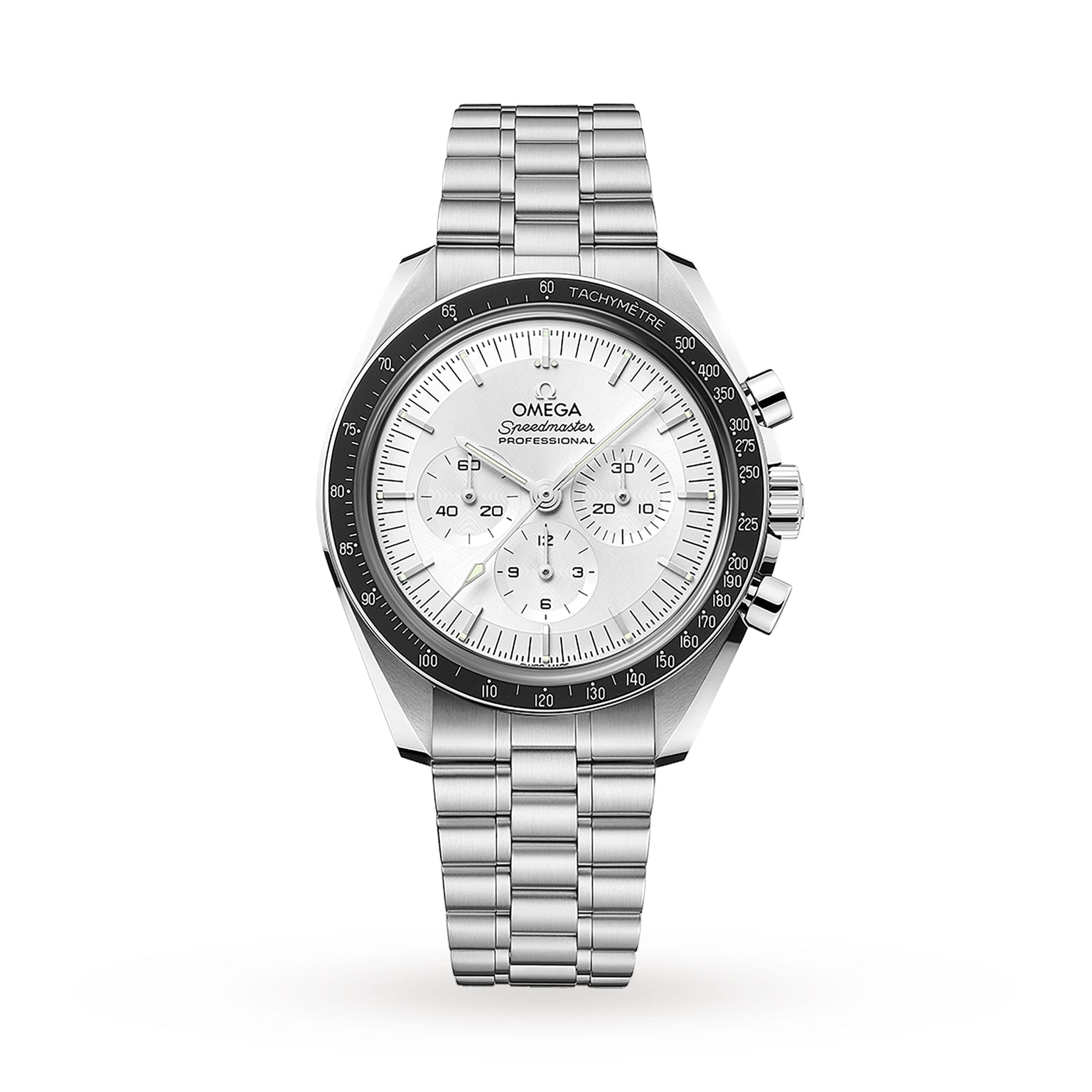 An OMEGA Speedmaster Moonwatch Professional wristwatch with a white dial, three subdials, tachymeter bezel, and bracelet band is displayed against a white background.