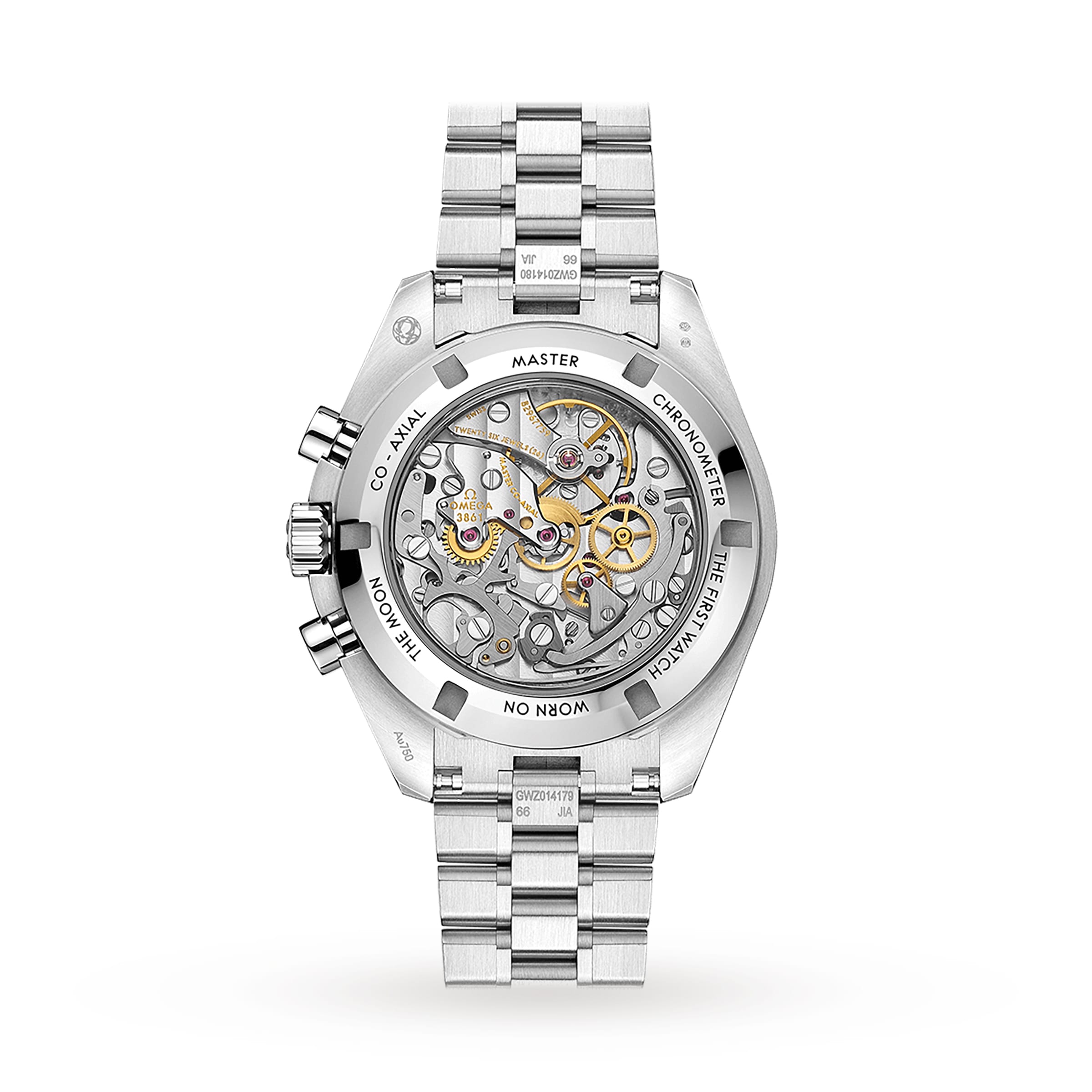 Back view of the OMEGA Speedmaster Moonwatch Professional, highlighting its exposed Master Chronometer movement and engraved specifications on the case.