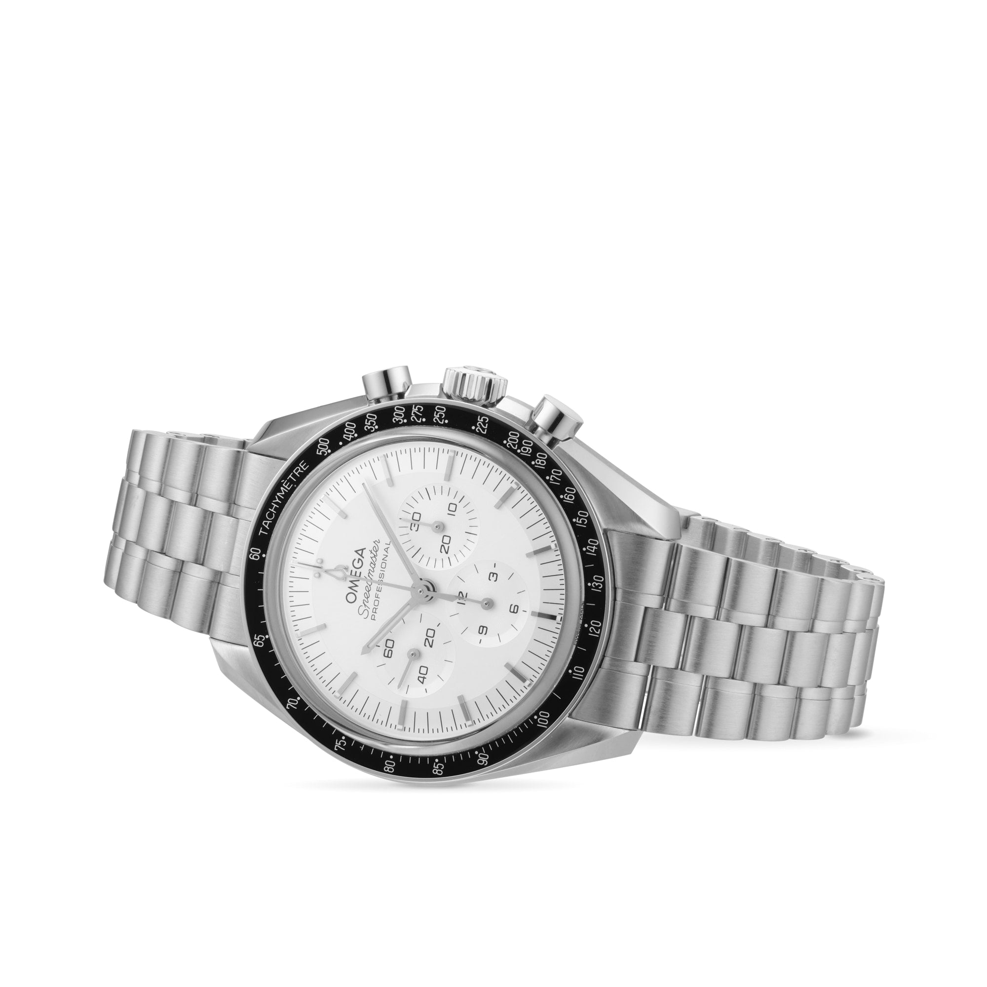 The OMEGA Speedmaster Moonwatch Professional features a stainless steel case, white dial, black bezel, three subdials, and a link bracelet, shown here photographed against a white background.