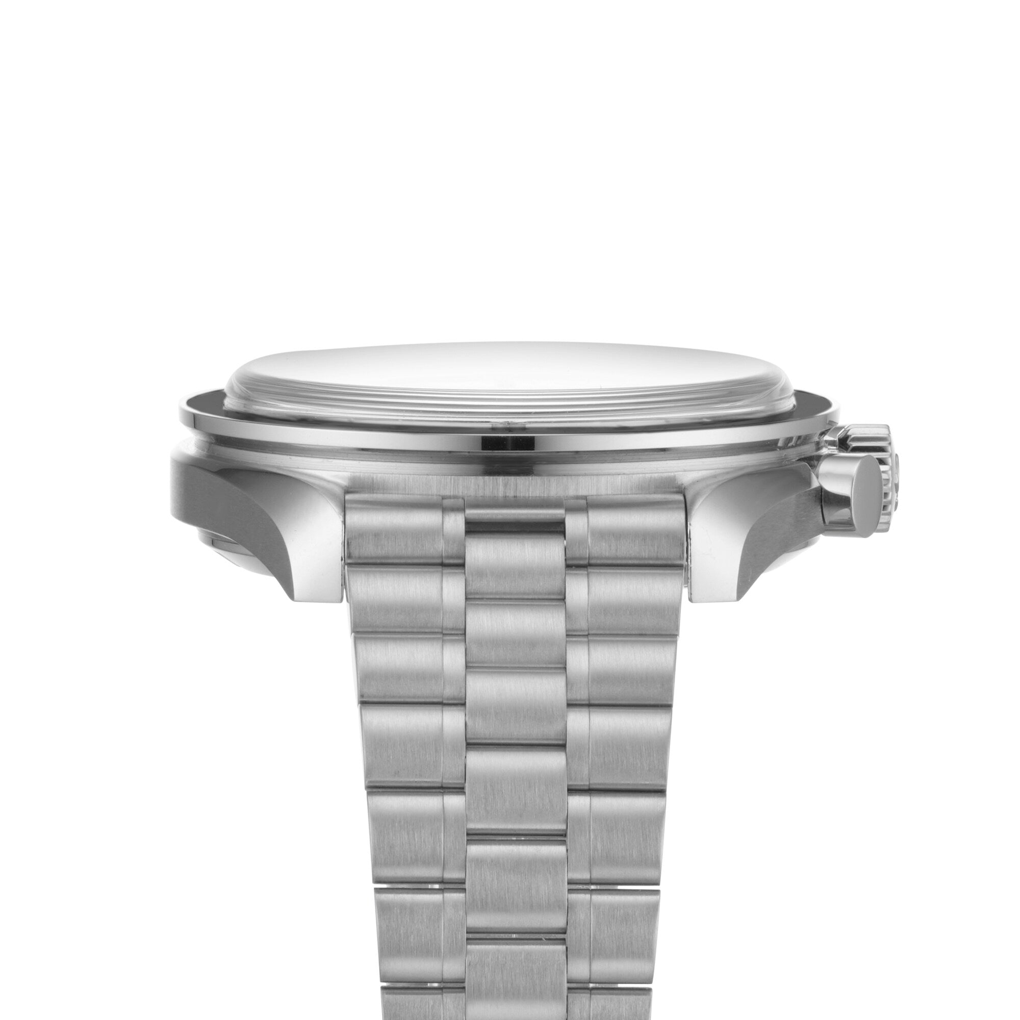 Side view of the OMEGA Speedmaster Moonwatch Professional with a stainless steel bracelet, showcasing the watch crown, case, and domed crystal against a white background.