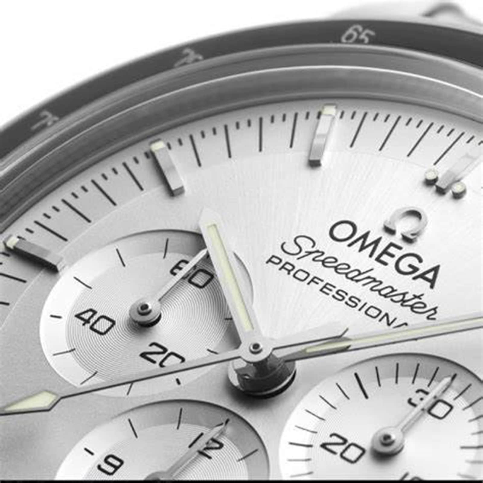 Close-up of the OMEGA Speedmaster Moonwatch Professional watch face, showcasing its chronograph dials, hands, and precise Master Chronometer-certified markings.