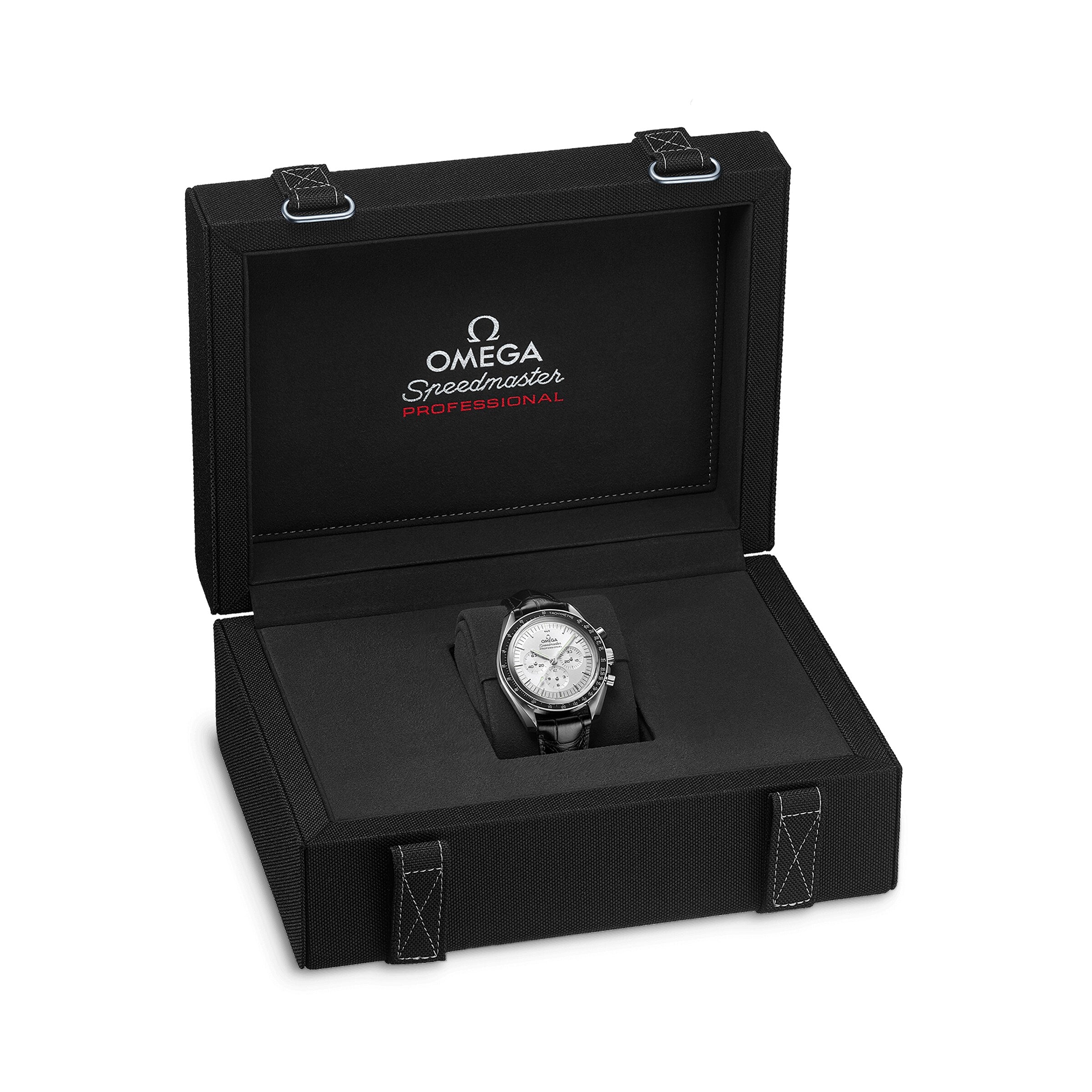 A silver OMEGA Speedmaster Moonwatch Professional wristwatch displayed in an open black presentation box featuring the OMEGA logo and name on the inside lid.