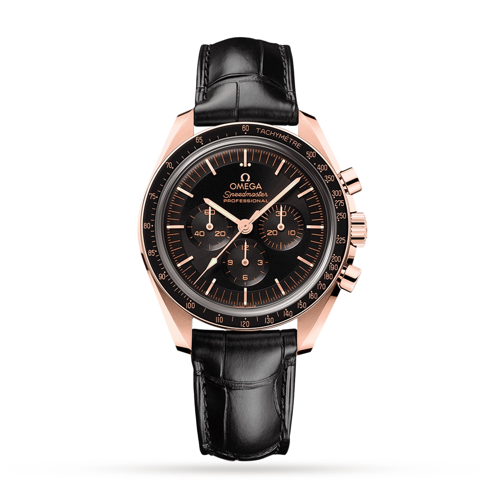 The OMEGA Speedmaster Moonwatch Professional in 18K Sedna™ gold features a black dial with three subdials, tachymeter bezel, and a black leather strap, powered by the 3861 calibre movement and shown on a white background.